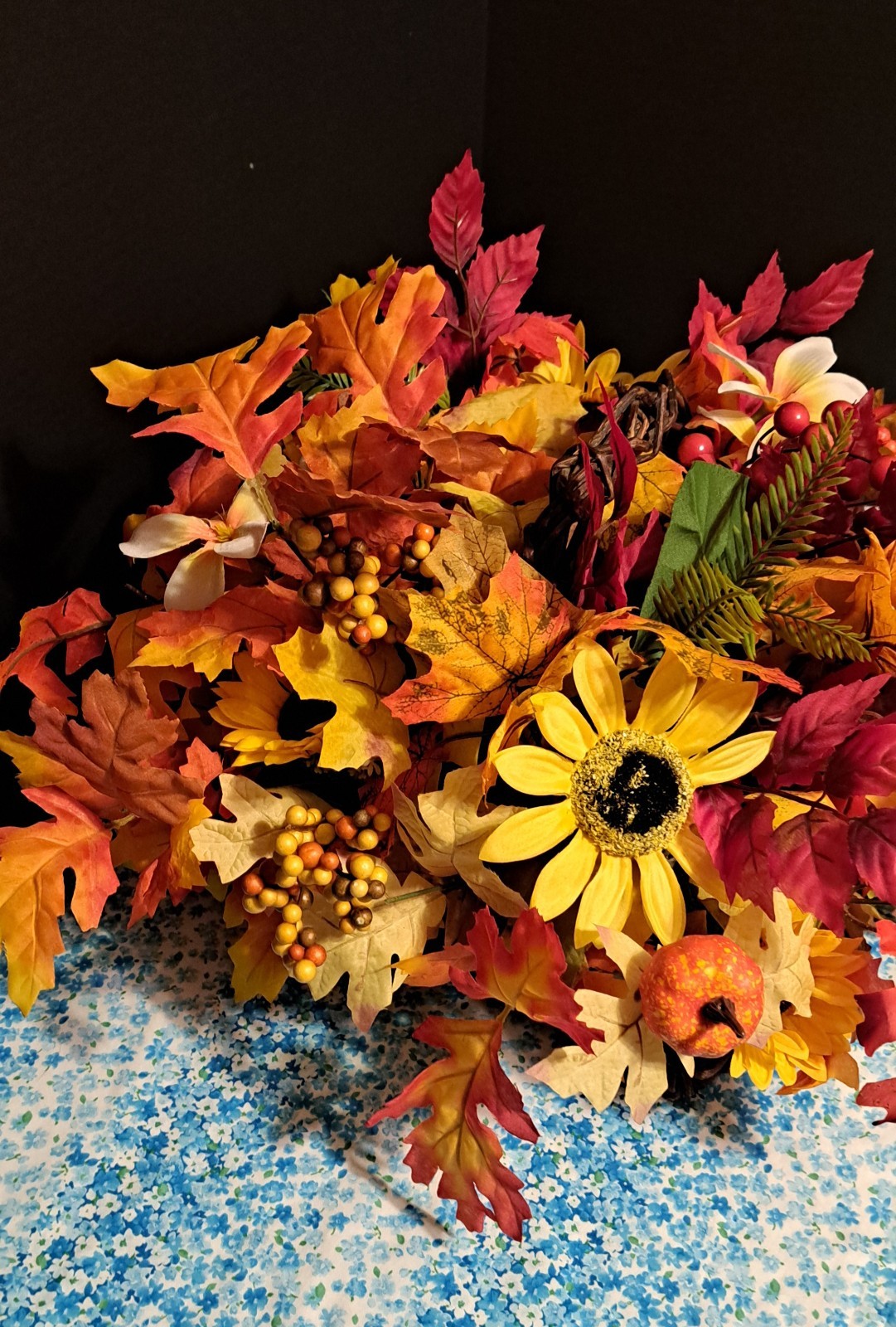 Fall Bouquet In Grapevine Basket Silk flowers Leaves And Berries 17″ X 18″ X 10″