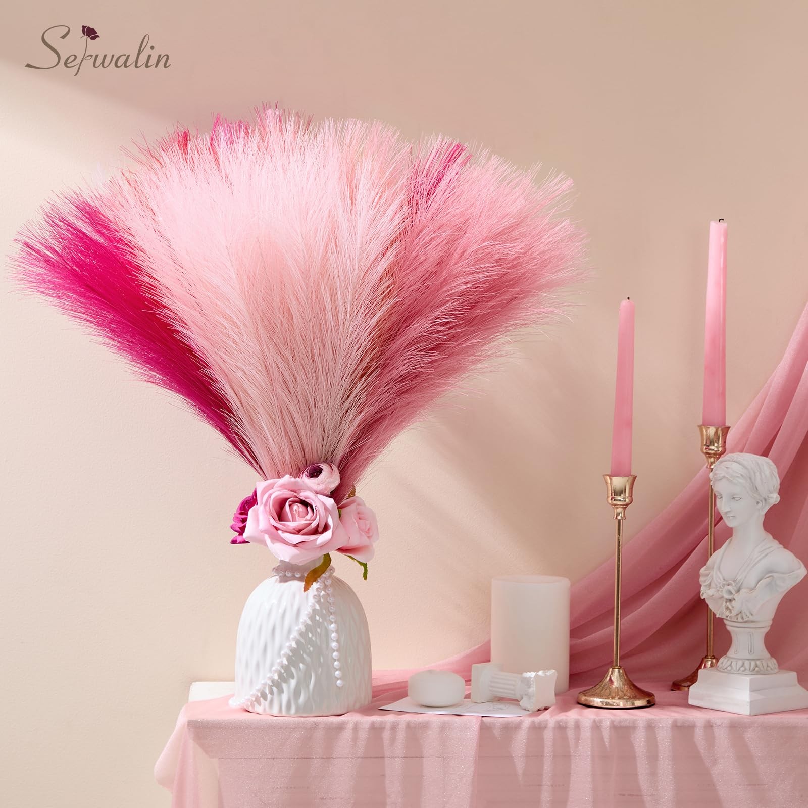 60Pcs Hot Pink & Blush & Pink Pampas Grass Decor, 17.7” Faux Pampas Grass, A…