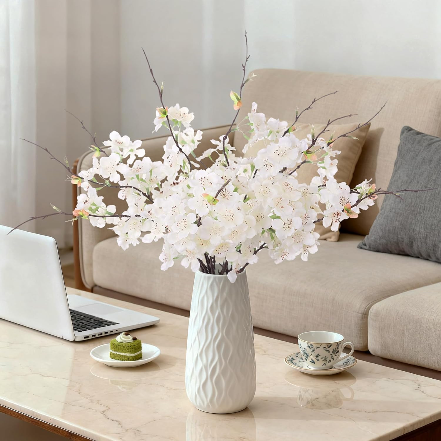 12 PCS Faux Cherry Blossom Branches Decor 18.11 Inch Fake Artificial Cherry Flow