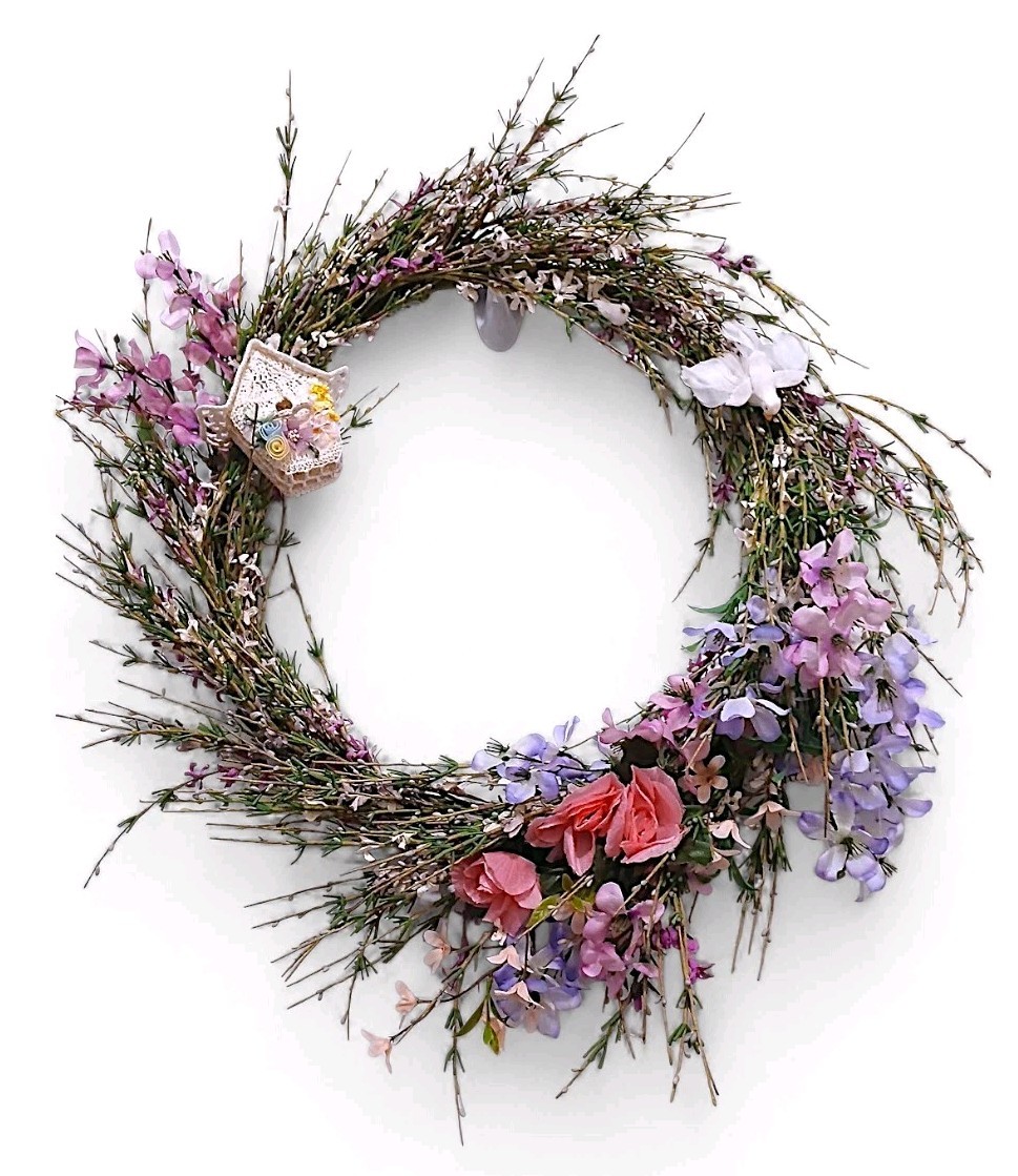 Spring Summer Door Wreath 18″ Field of Flowers Crochet Feather Bird House Wall