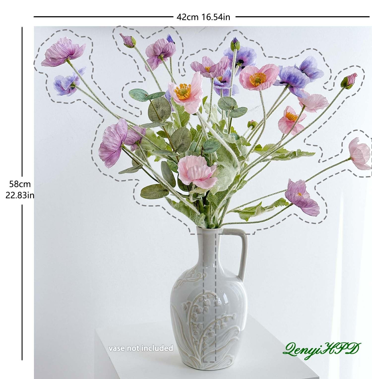 Artificial Poppy Flowers with Eucalyptus Stems, 6pcs Faux Poppy + 2pcs Fake E…