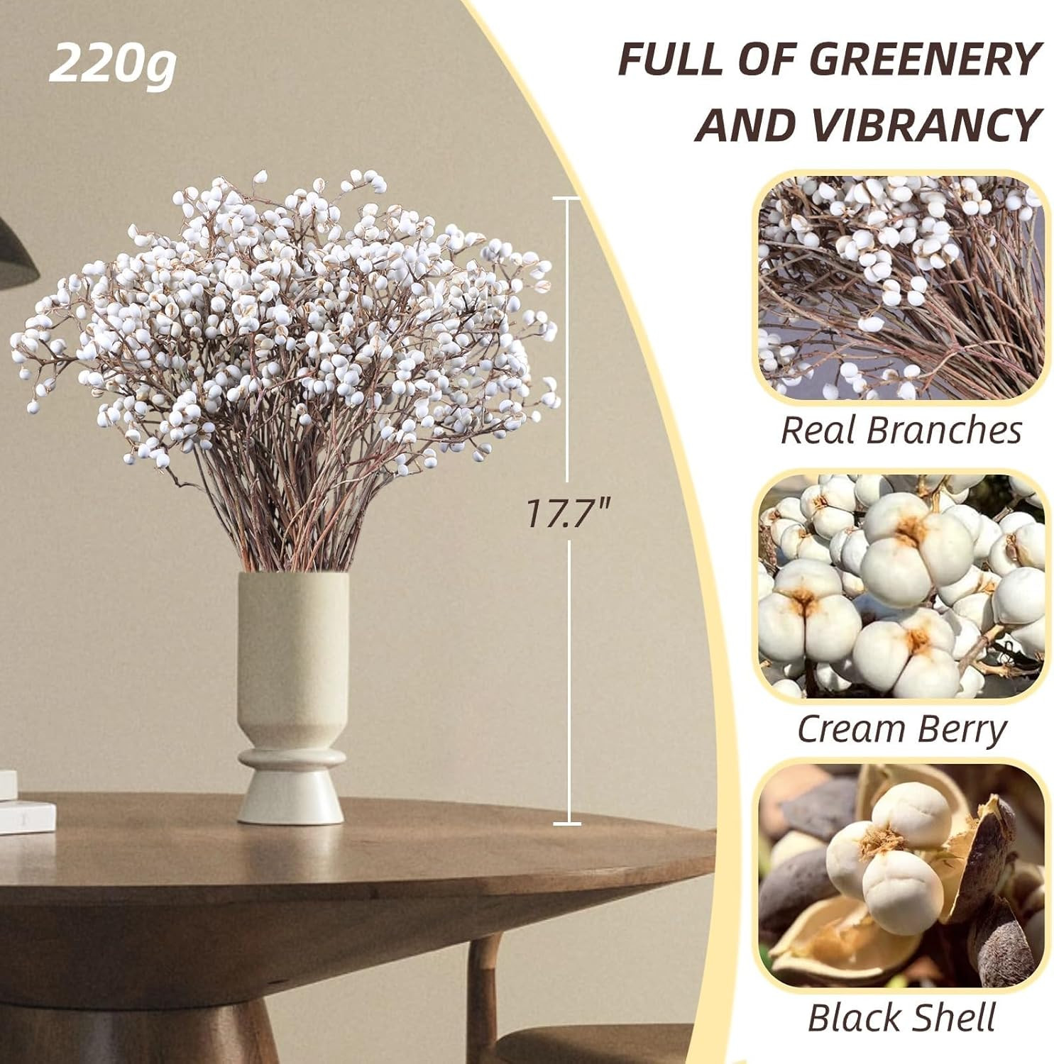 220g Tallow Berries Dried Christmas Decor- 17″ Natural Stem Wedding Floral Decor