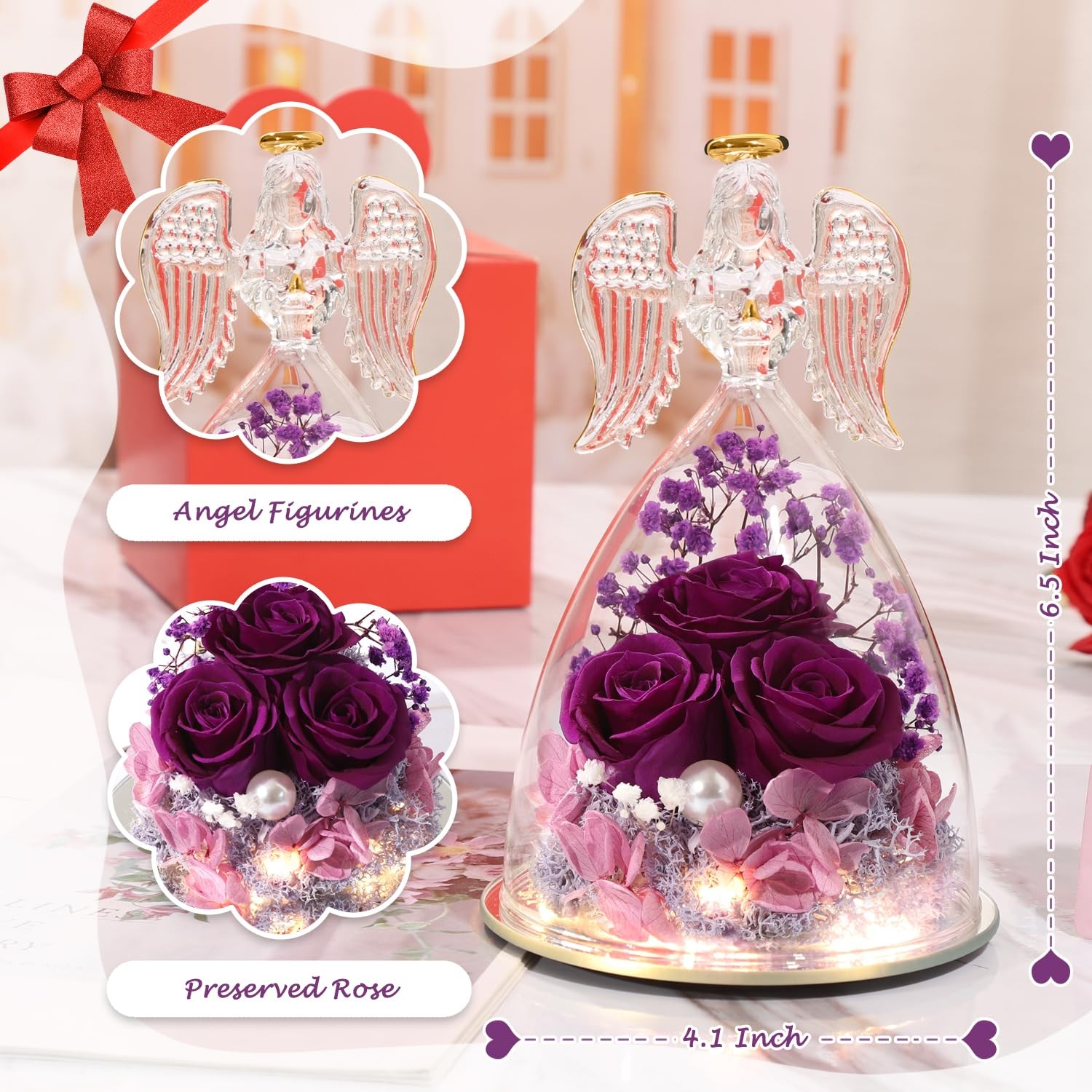 Gifts for Mom Gifts for ,Preserved Flowers Rose in Glass Angel Figurines Flow…