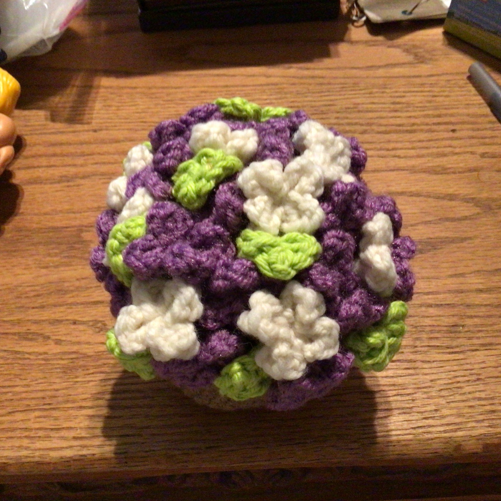 Crochet Bouquet in Yarn Vase, Handmade Floral, Purple, white, green, brown