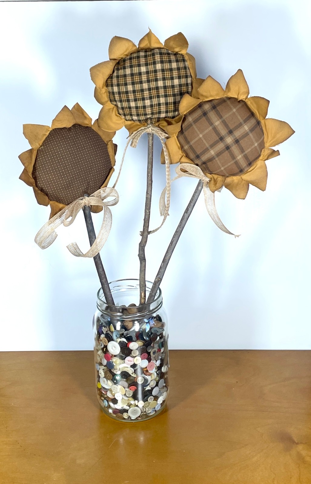 Set of 3 Primitive Handmade Fabric Sunflower Crock Pokes Fall Arrangements 24″