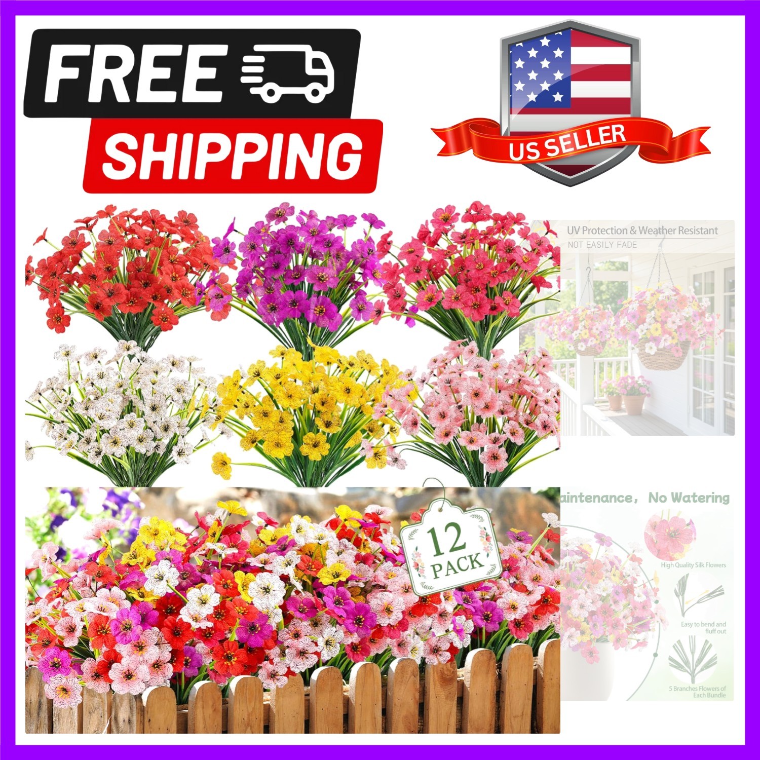 All-Season Vibrant Faux Flowers for Window Boxes & Patios – 12 Bundles Included
