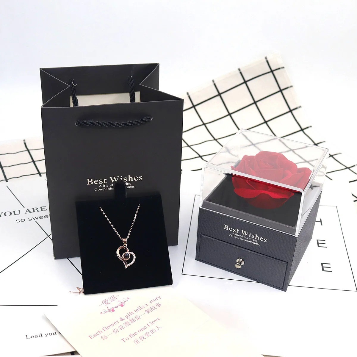 1set Heart Rose Necklace Gift Box for Women Wife Mom Valentine Birthday Present