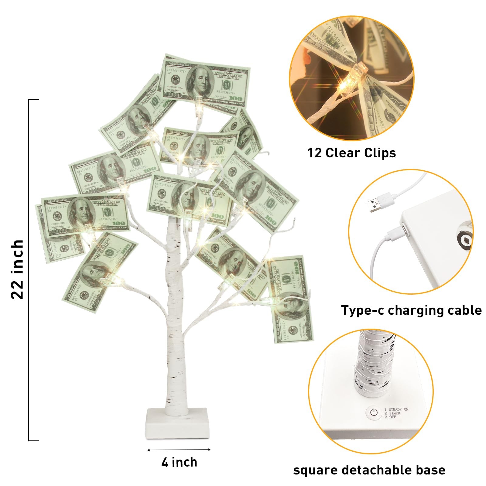 Money Tree Gift Holder, Set of 2 Birch Tree with 12 Clear Clips, Battery/USB …