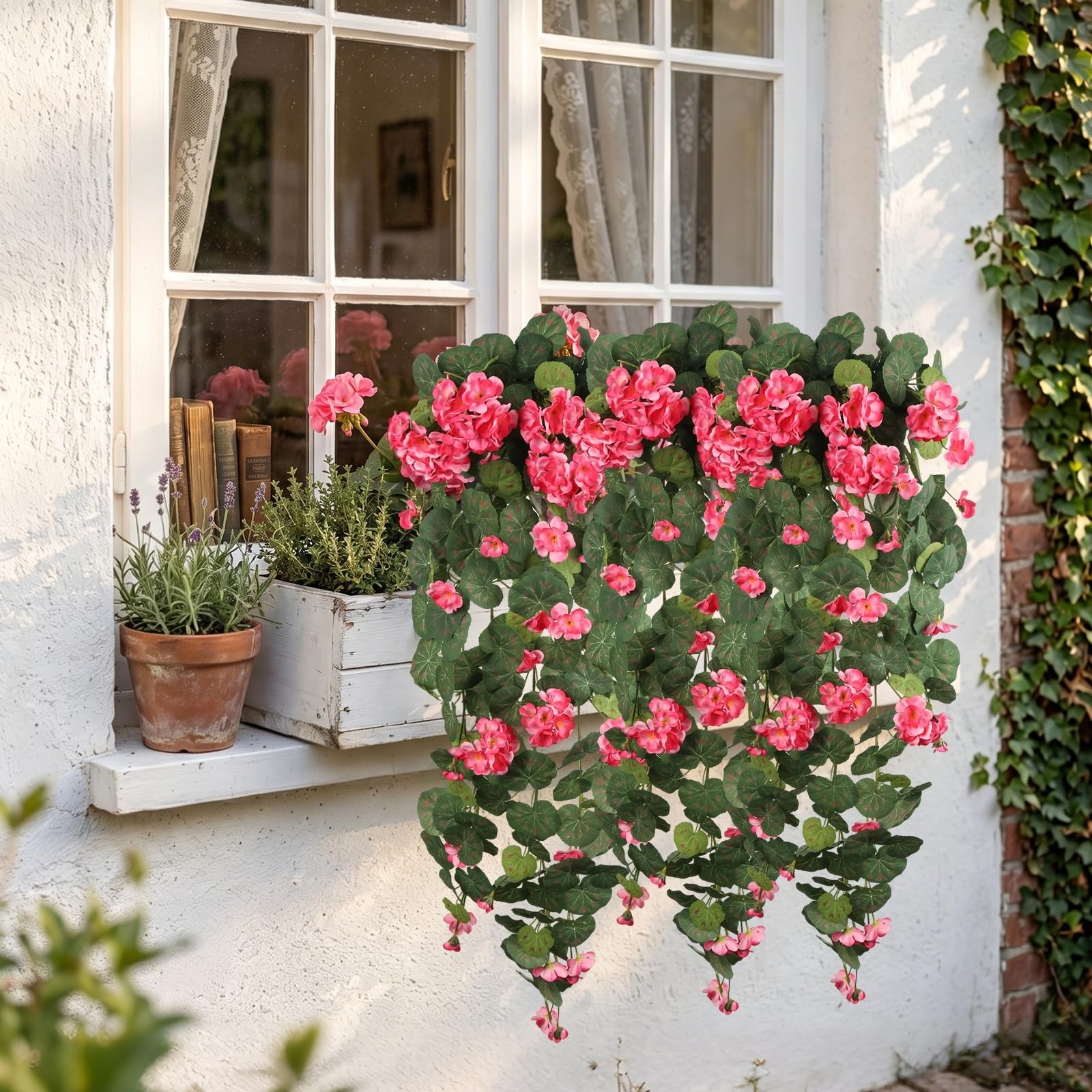Pink Silk Geranium 43.3″ Artificial Hanging Flowers for Outdoors, UV Resistan…