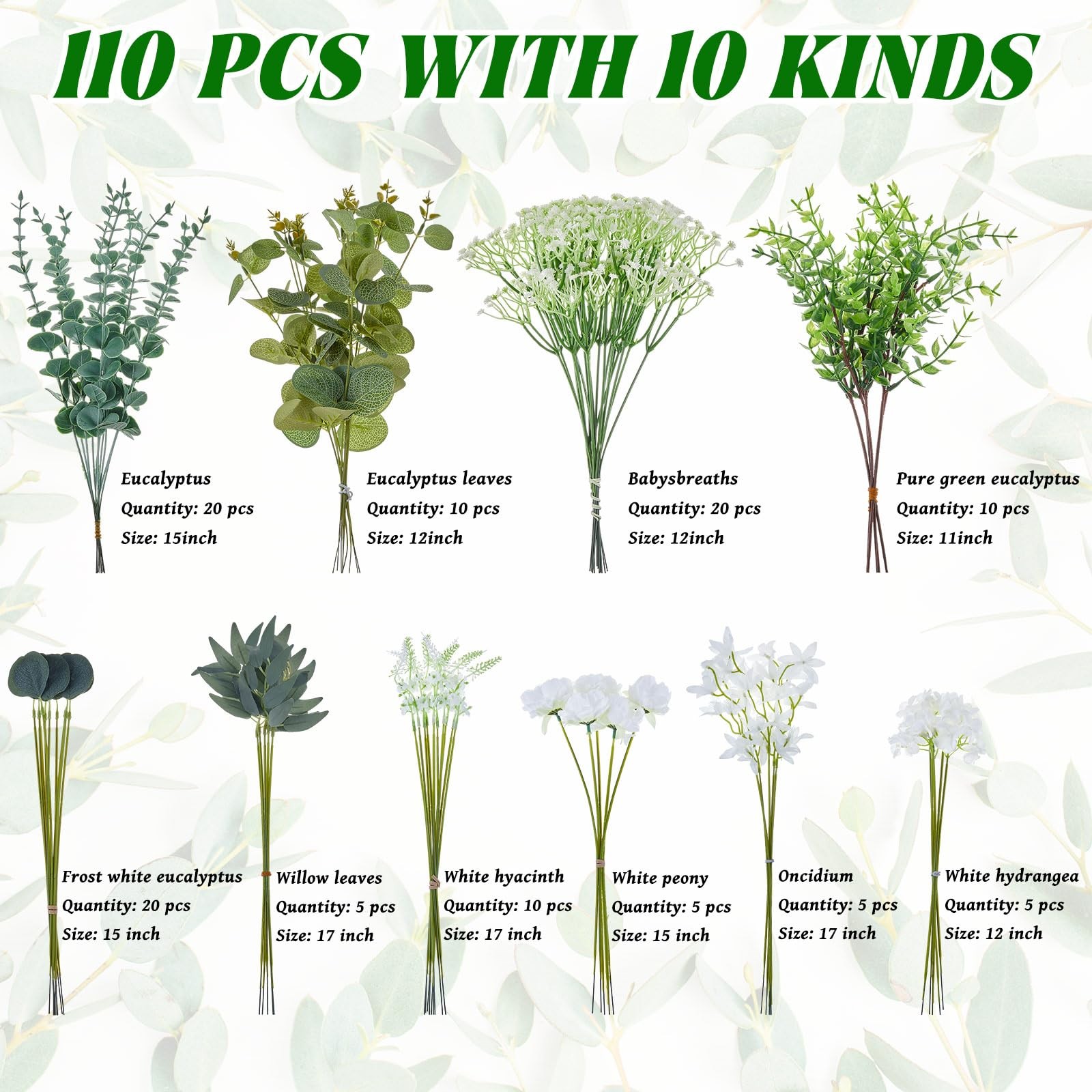 110 Pieces Artificial Eucalyptus Leaves Stems Set with 10 Kinds of Faux White…