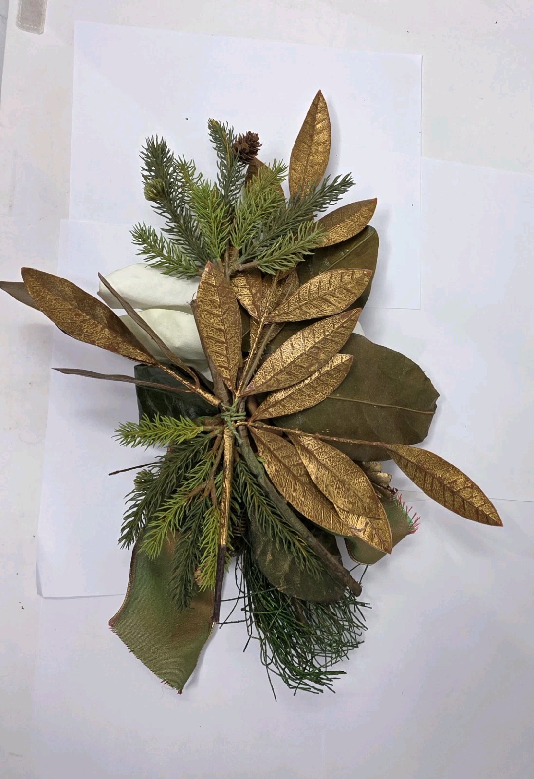 Magnolia Flower Silk Spray With Evergreen, Pinecones Ribbon Vertical Hanging