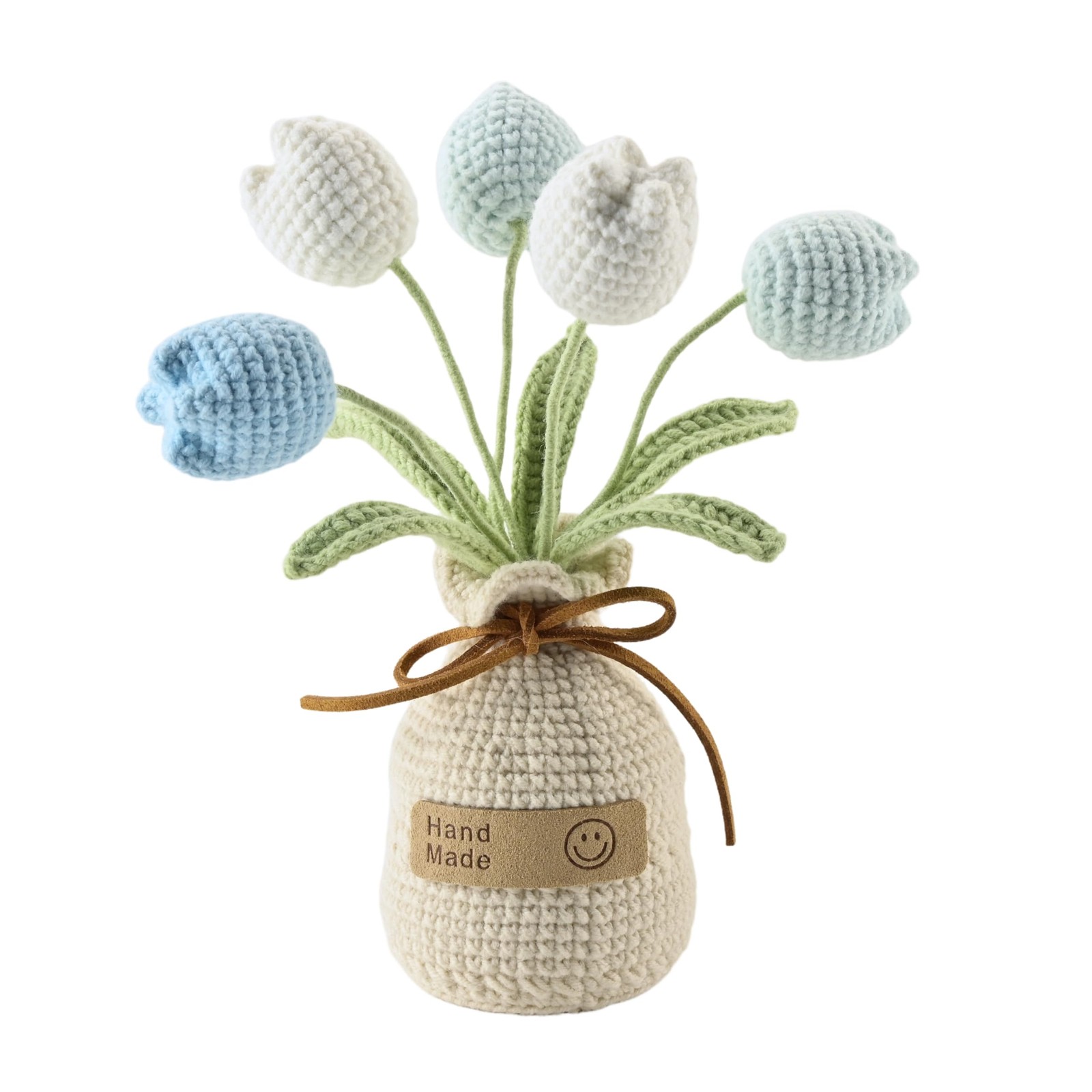 Crocheted Tulips Hand Woven Potted Plants Table Decor 5 Flowers Blue