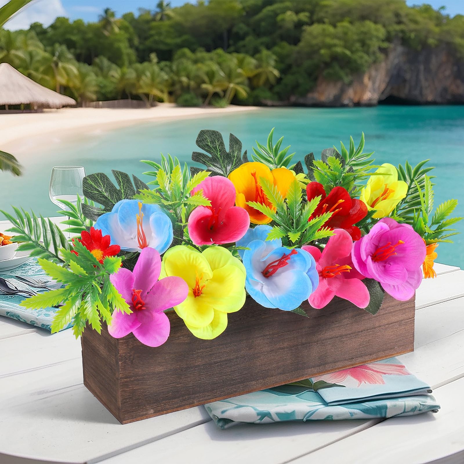 Hawaiian Table Centerpieces Artificial Hibiscus Flowers Arrangements Wooden C…