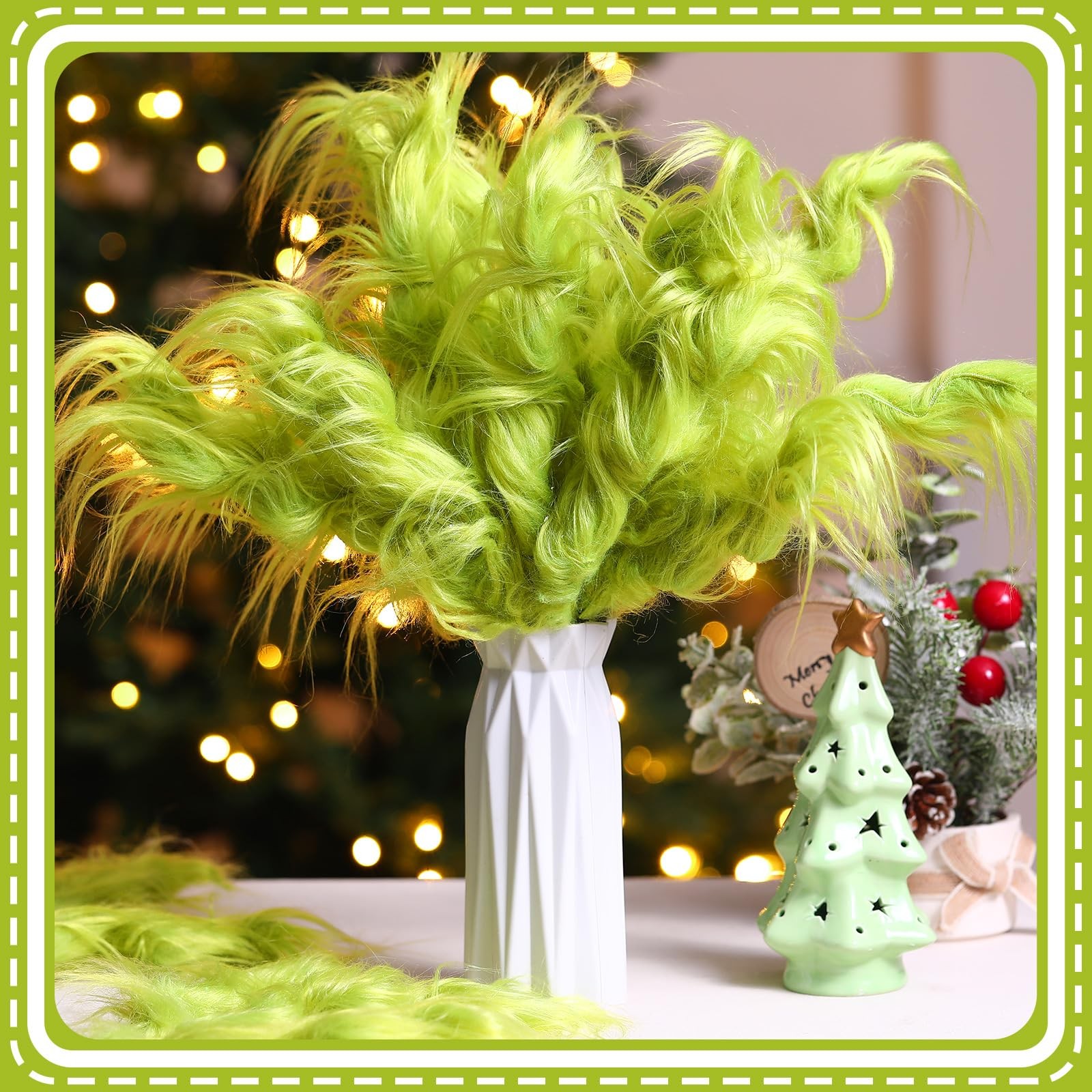 18 Pcs Lime Green Furry Christmas Tree Picks Topper Glitter Curly Berry Ornam…