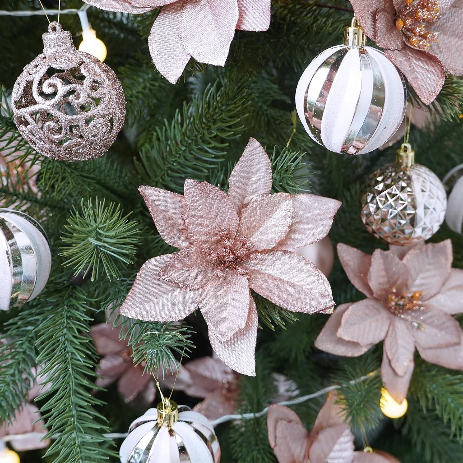 24 Pcs Christmas Glittered Poinsettia Floral Picks Rose Gold Artificial Silk Poi