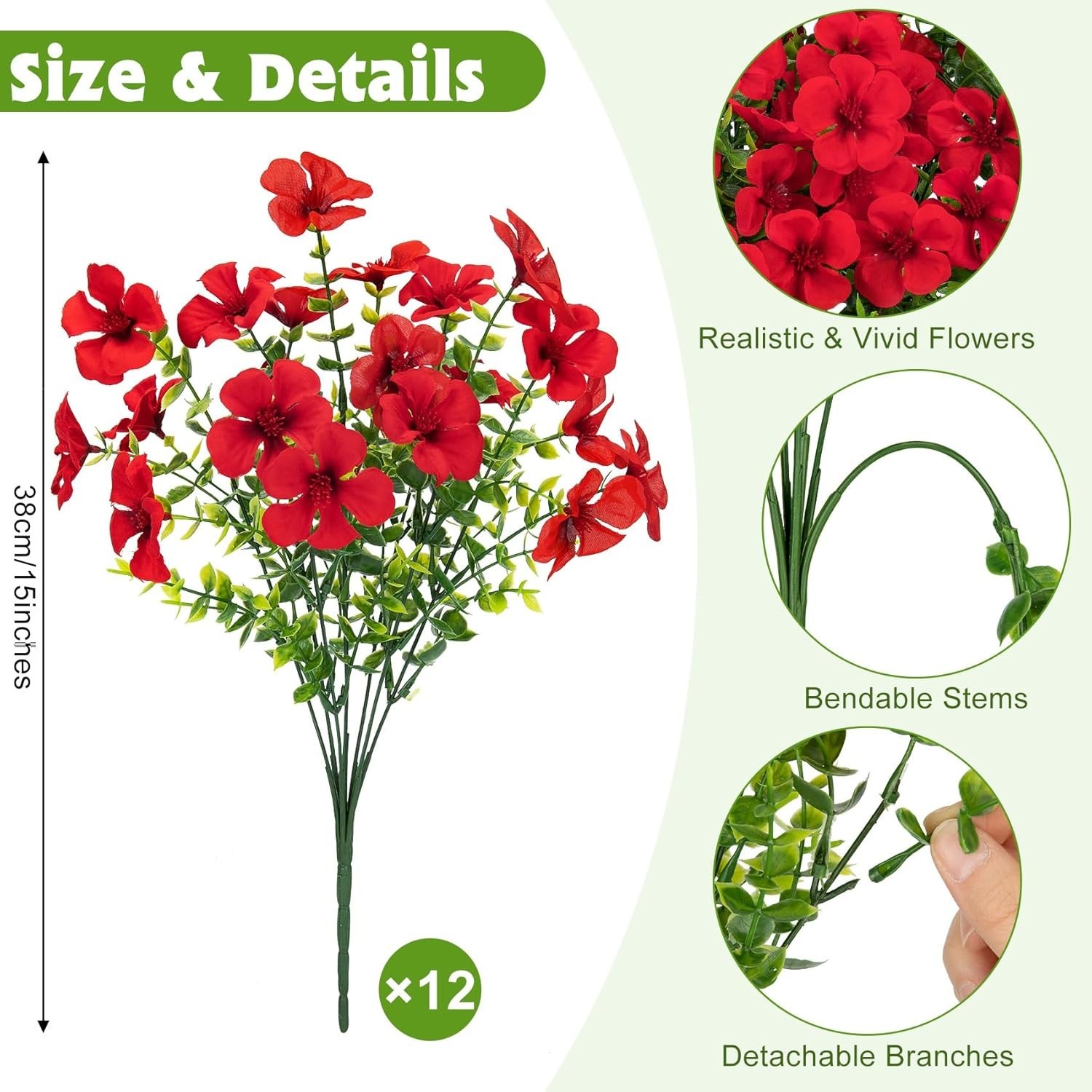 12 Pcs Artificial Geranium Flowers for Outdoors, Silk Fake Flowers with Eucal…