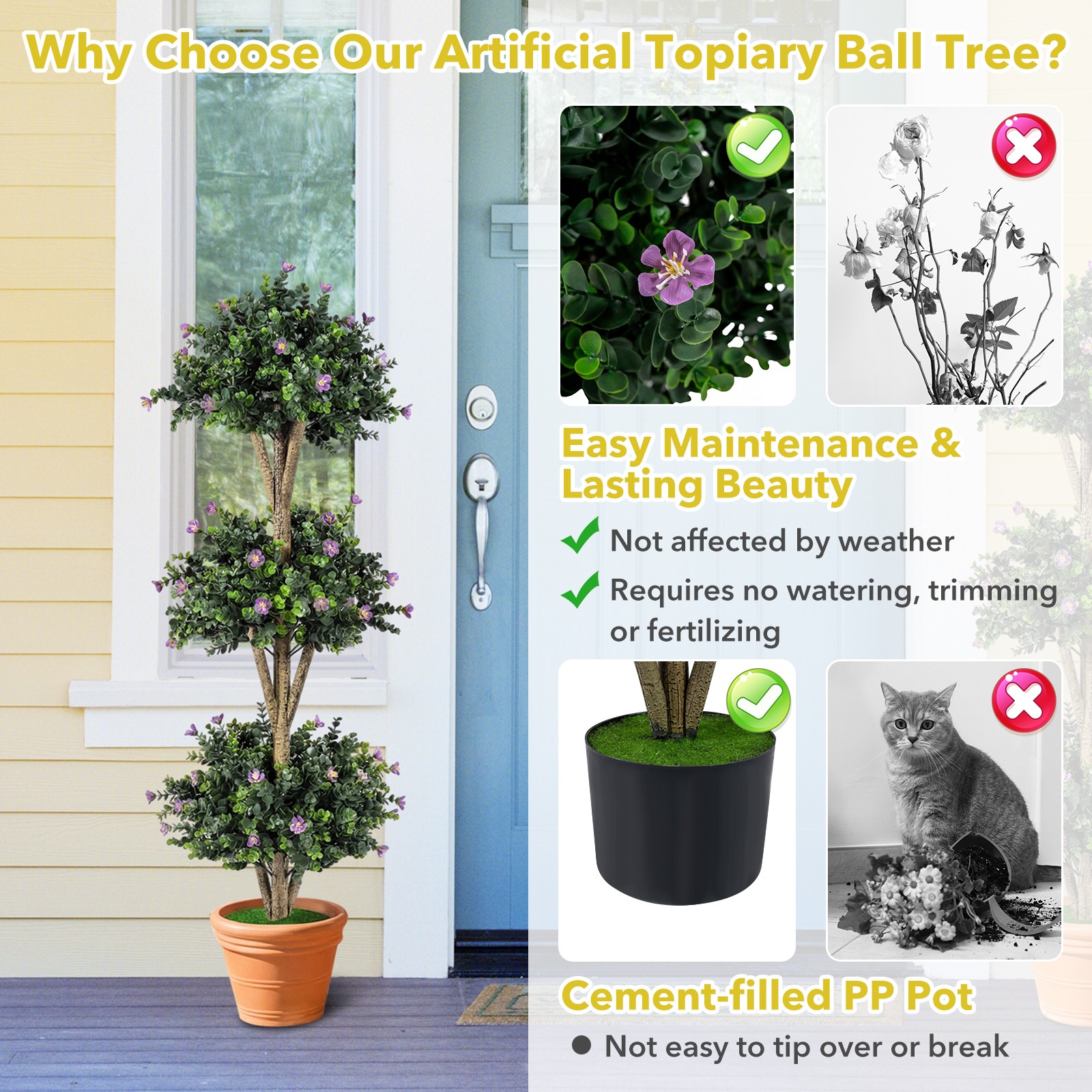 51” Artificial Triple Ball Boxwood Topiary Tree with 59 Blossoms for Porch Home