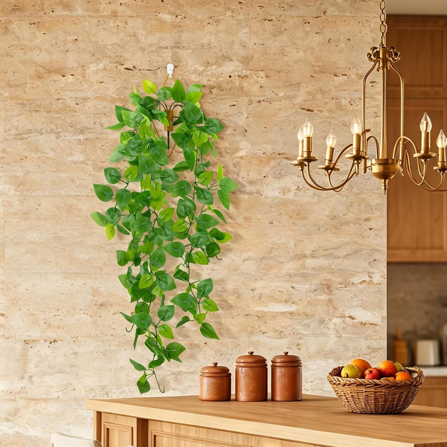 2 Pack Artificial Hanging Plants with Wall Planter, Faux Pothos Vines Fake Hangi