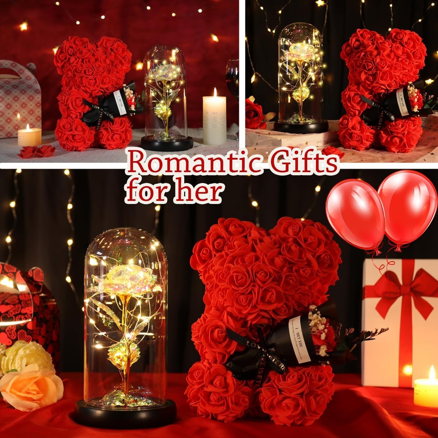 Unique Rose Teddy Bear Gift with Colorful Light for Valentines and Mothers Day