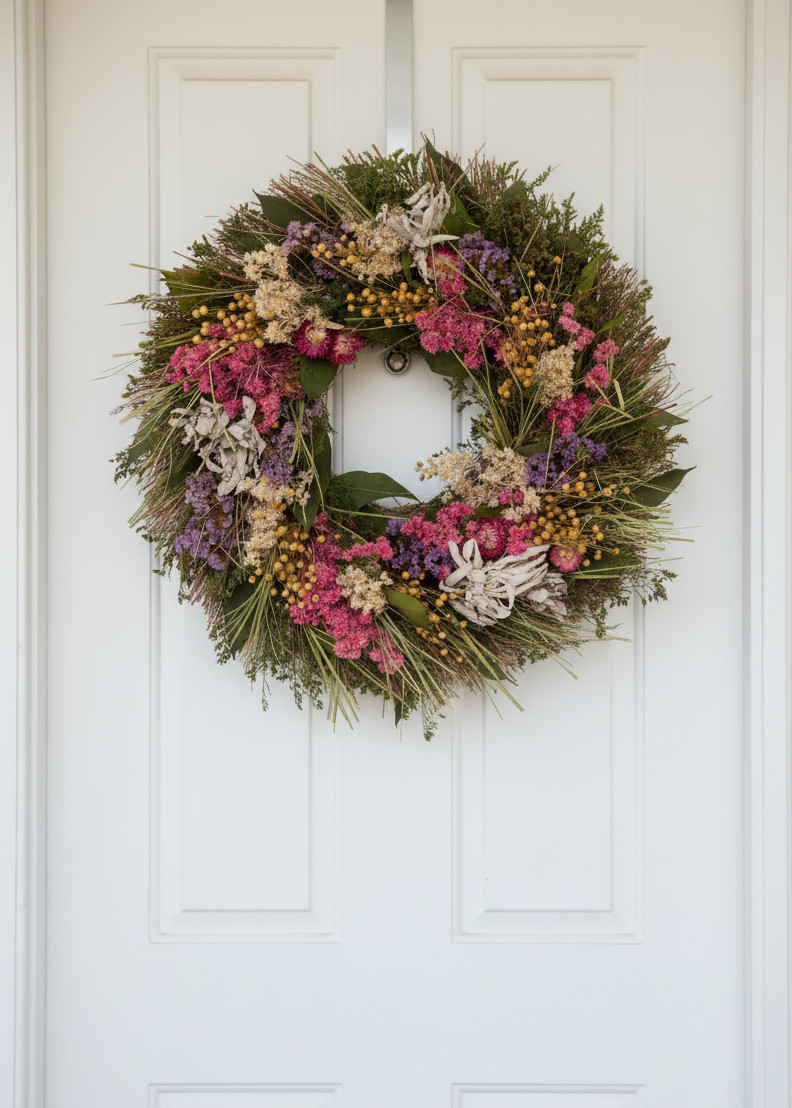18″ Dried Floral Wreath with Sage Pink Purple White Flowers Front Door Decor