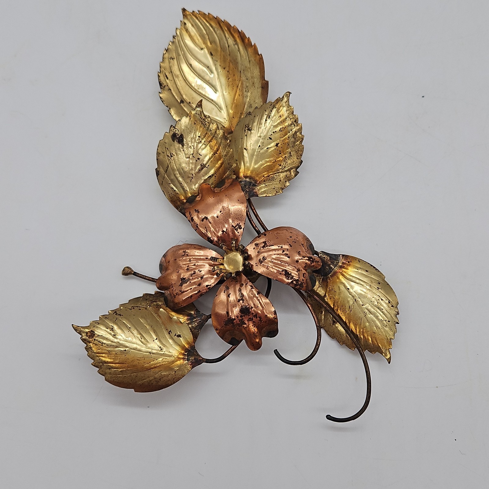 Gold Tone Brass & Copper Flower Roses Leaf Metal Wall Hanging Decor Set