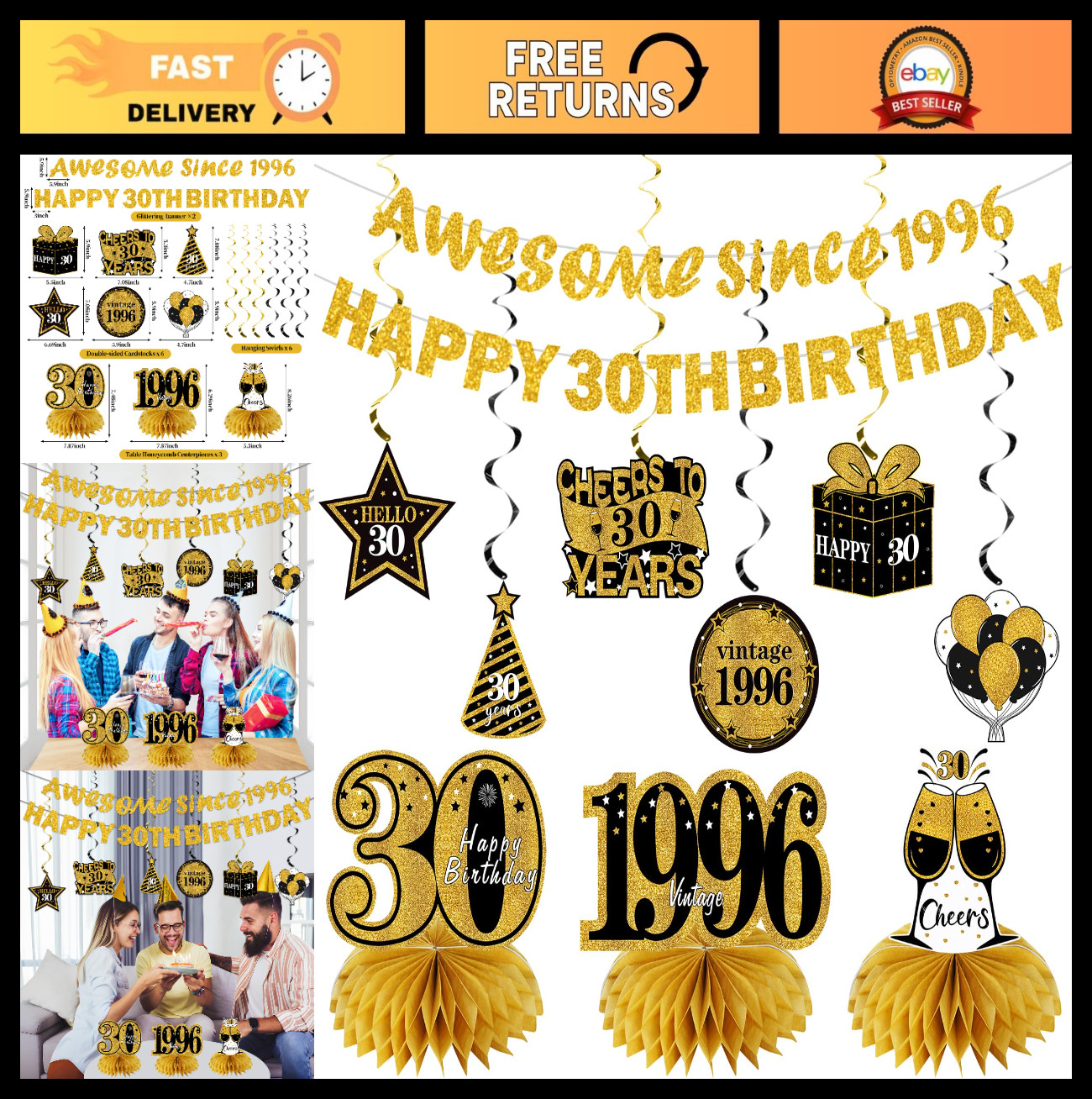 30th Birthday Decorations Kit – 11Pcs Black Gold Banner, Centerpieces & Swirls P
