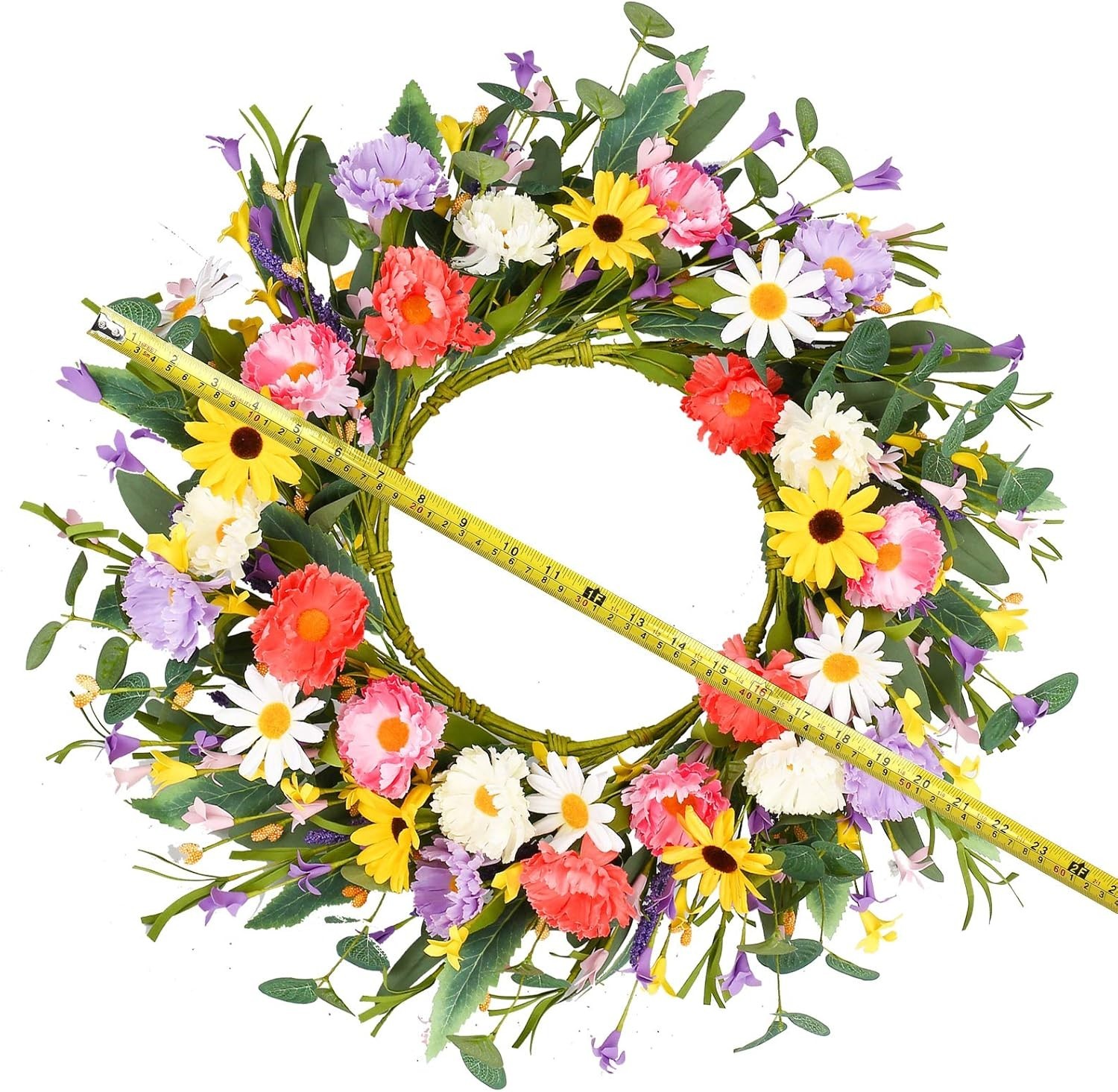 Durable 20-Inch Door Wreath with Purple, Yellow, White Flowers & Eucalyptus