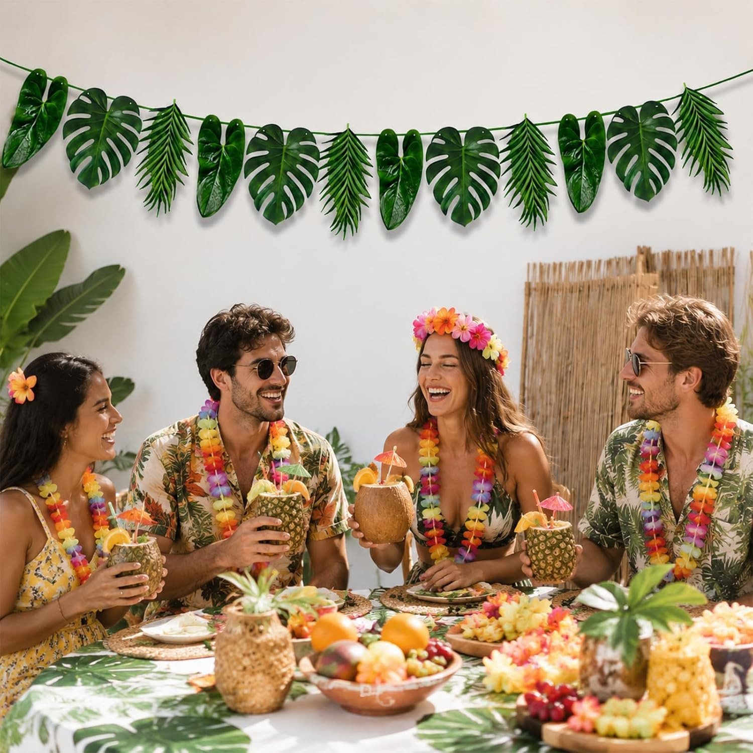 Tropical Leaf Garland with Palm and Monstera Leaves, Hanging Hawaiian Cardboard
