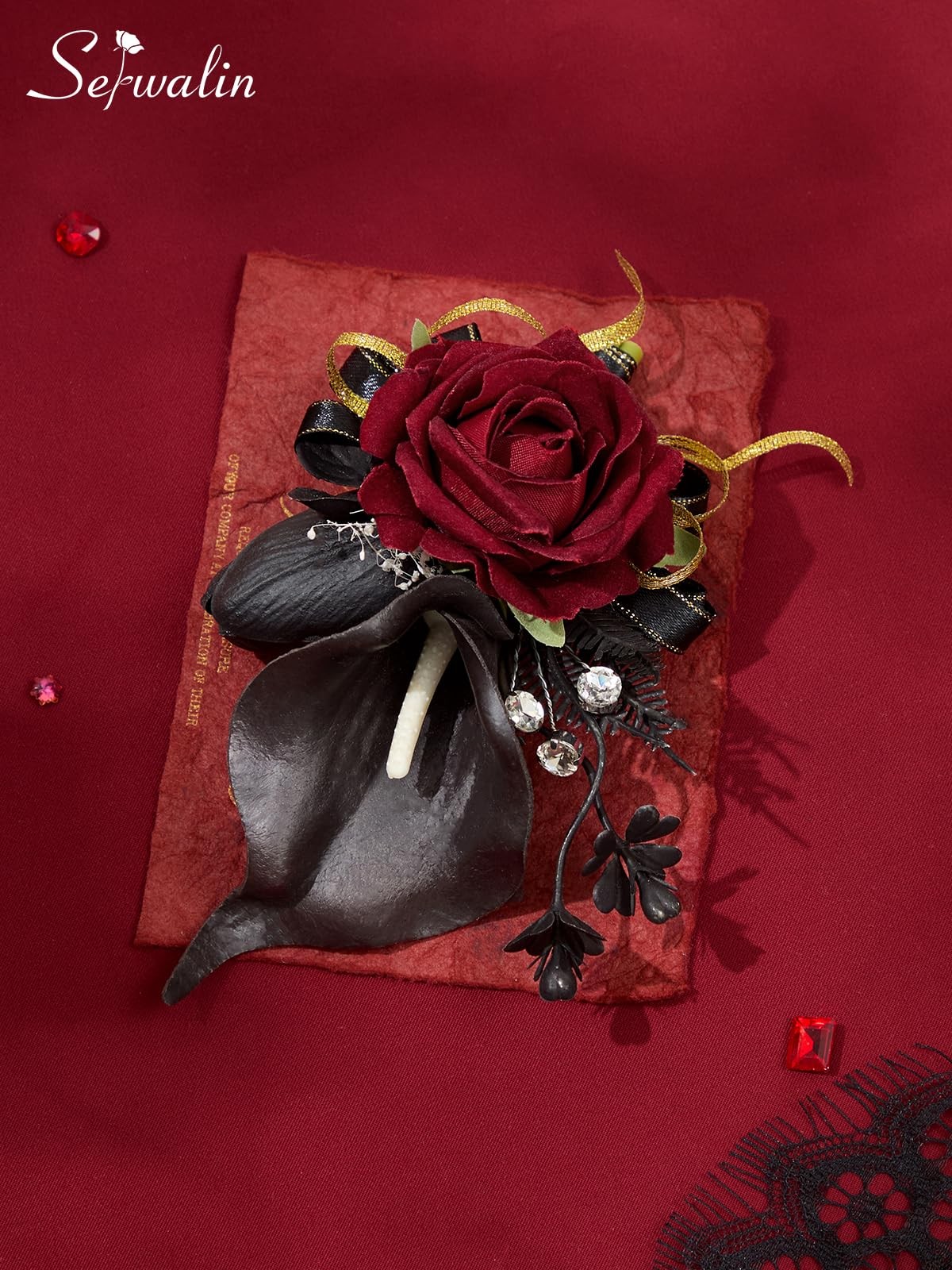 Burgundy Prom Corsage and Boutonniere Set, Artificial Calla Lily Red Rose Wri…