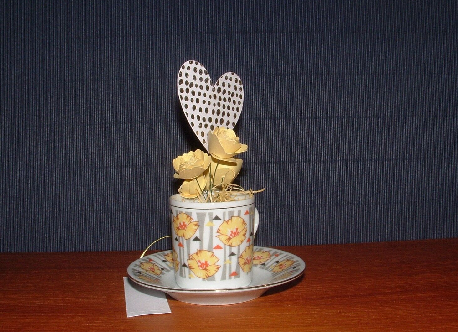 Paper Flower & Heart Handmade Bouquet, Small Teacup & Saucer Vase, With Gift Tag