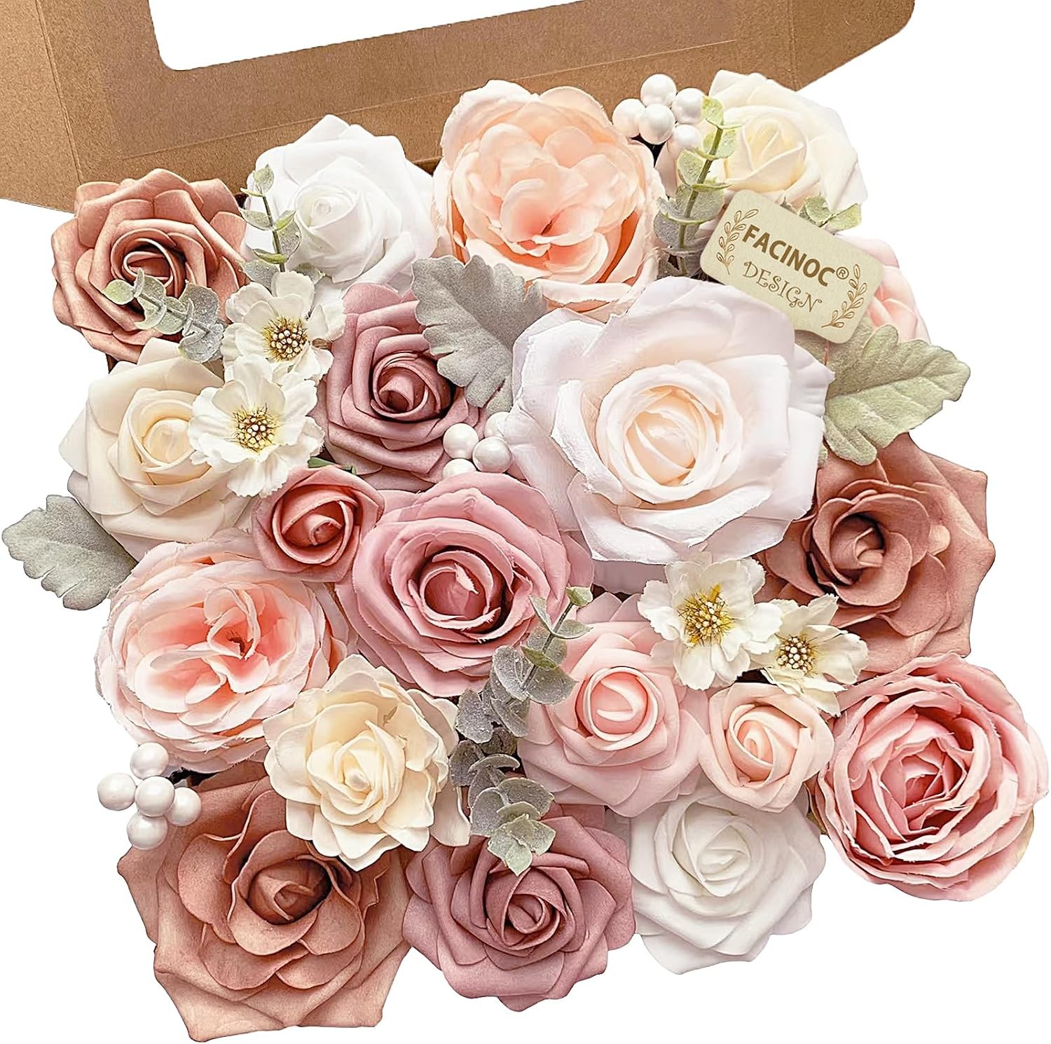19 Pcs Dusty Blush Pink Roses, Artificial Bouquet Box Set DIY Bridal
