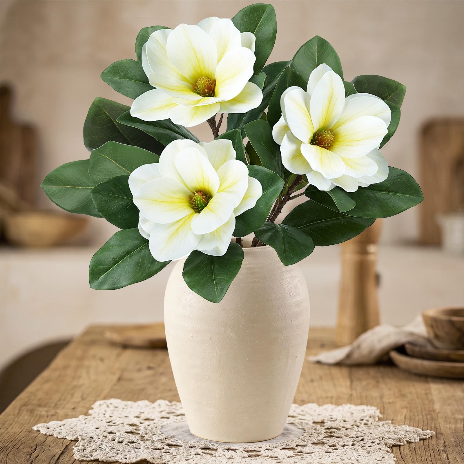 3 PCS Artificial Magnolia Flowers Realistic 24.4″ Long Faux Magnolia Stems wi…
