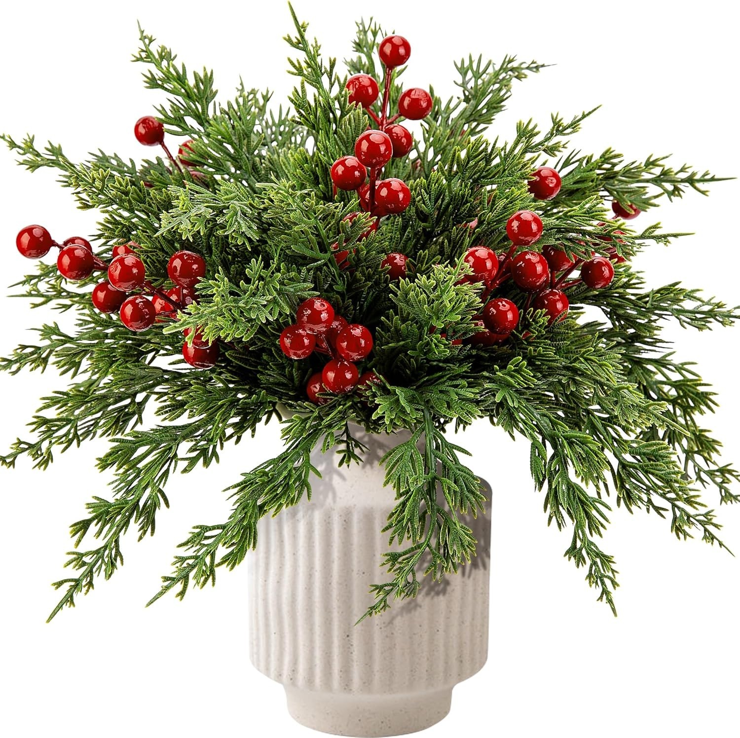 10.5” Faux Evergreen Pine Branches with Red Berries – 60 Pcs for Home Holiday