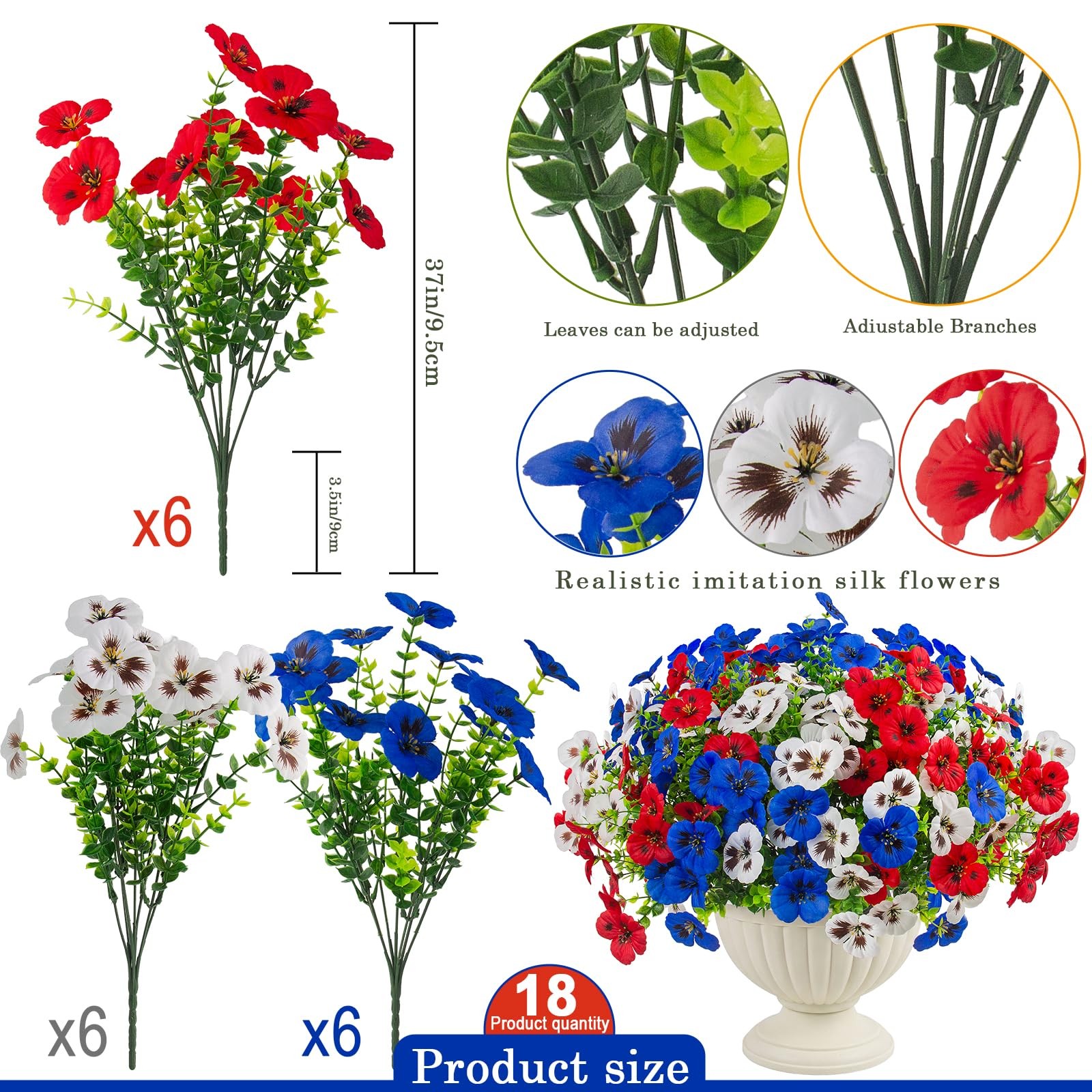 18 Pcs Artificial Fake Pansy Flowers for Outdoor, UV Resistant Faux Silk Pans…