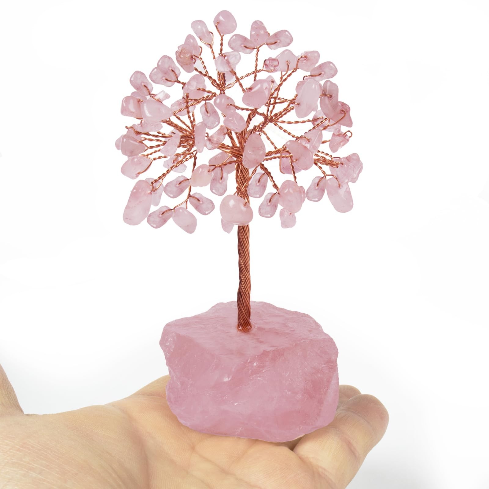 Rose Quartz Healing Crystal Tree，Natural Reiki Life Stone Base Copper Wire Tr…
