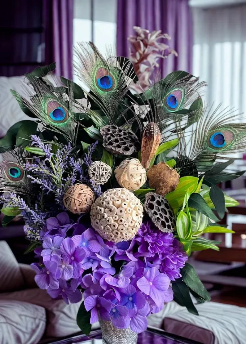 Peacock Centerpiece: Purple & Green Floral Arrangement, Cute Earthy Home Decor
