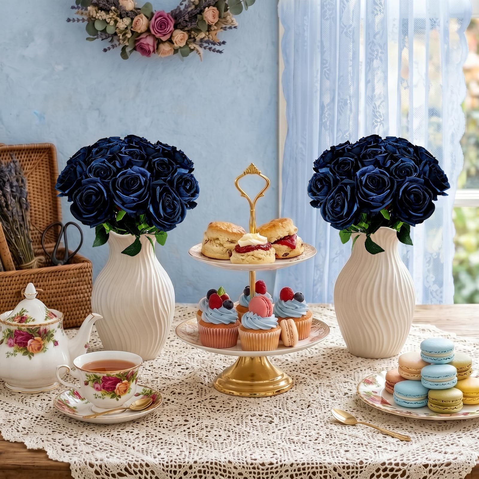 16 PCS Roses Artificial Flowers – Fake Silk Navy Blue Rose in Bulk with Long …