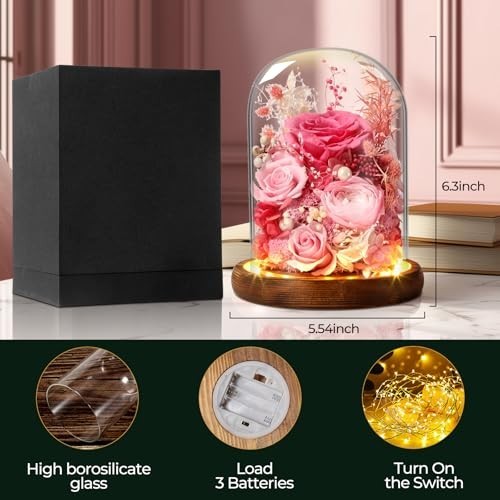 LED Glass Dome Flower Light – Long-Lasting Real Flower Gift for Women, Moms & Fr