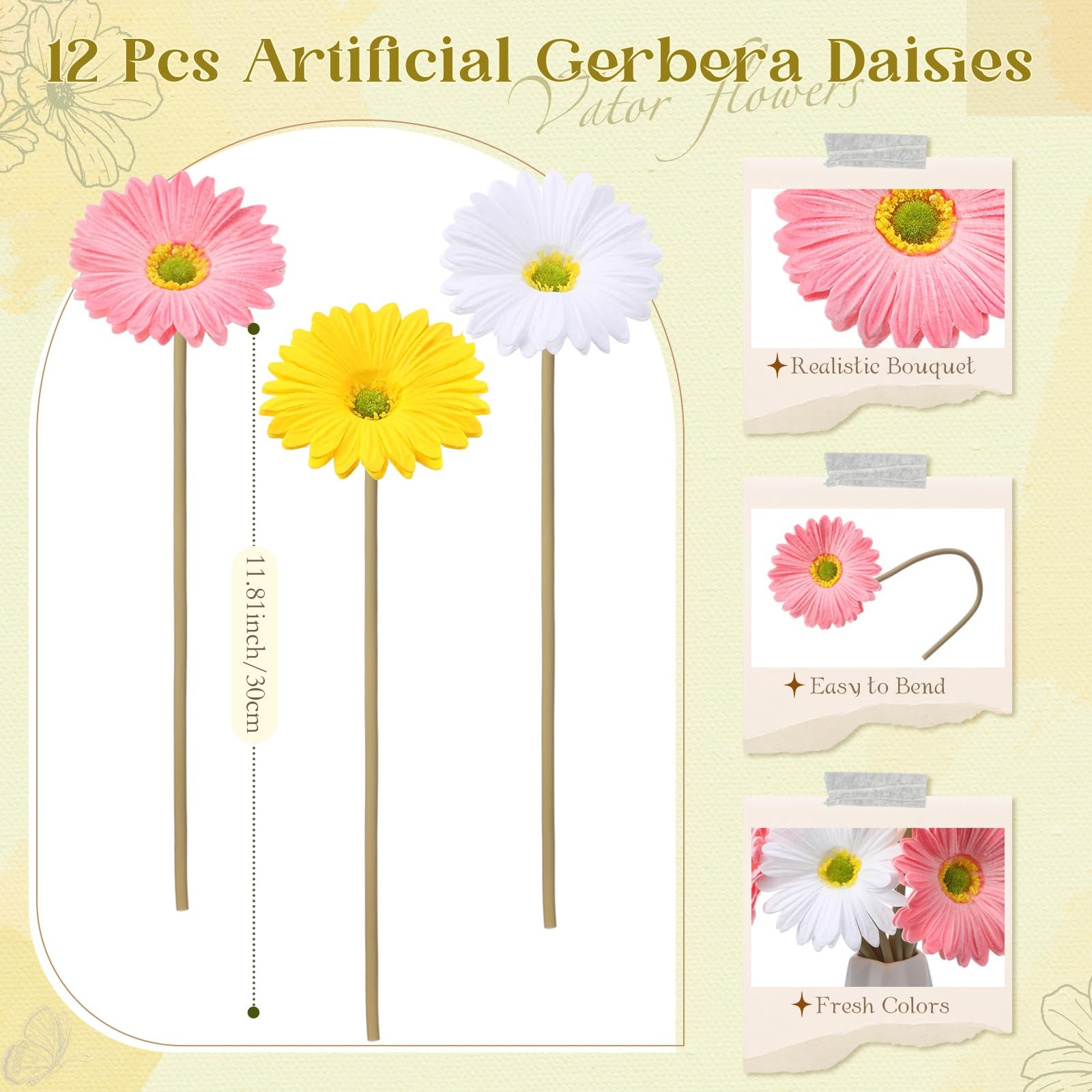 12 Pcs Artificial Gerbera Daisy Flowers PU Fake Daisy Decorations Realistic T…