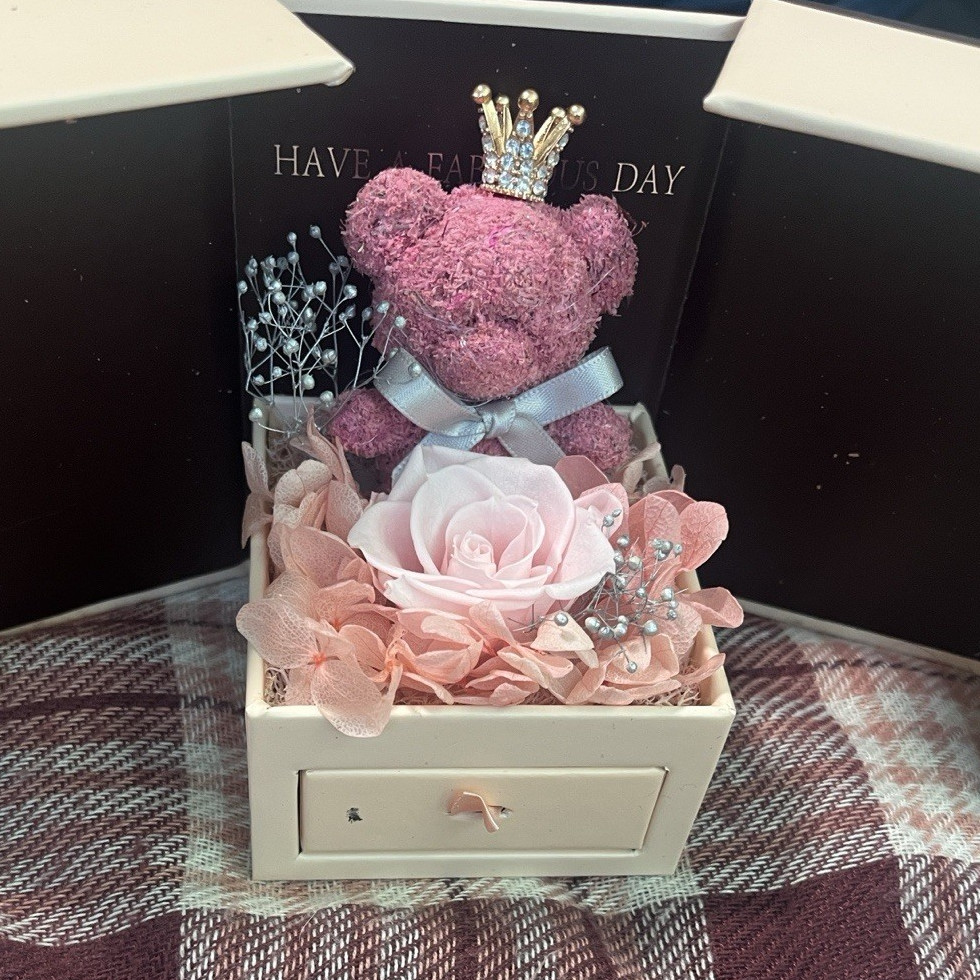 Artificial Pink & White Rose Flower Arrangement with Pink Teddy Bear Drawer Box