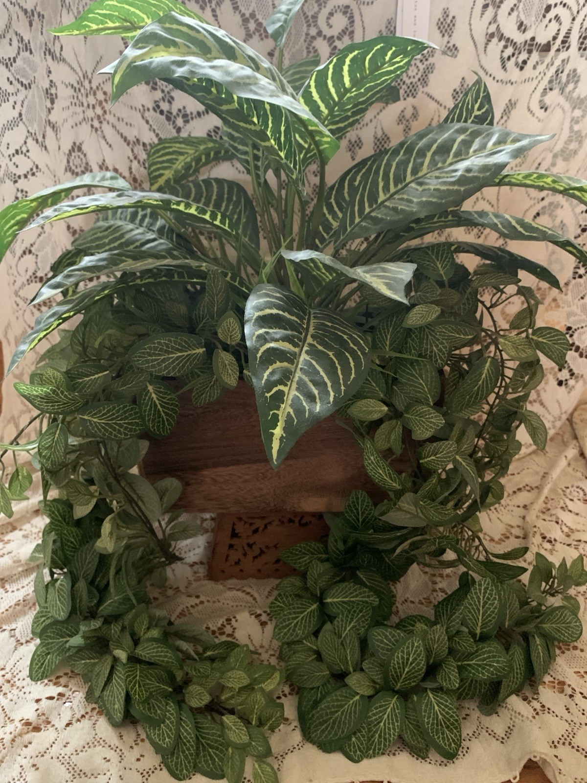 Rectangular Wood Rustic Planter Box Faux Green Plant Arrangement For Table 10″L