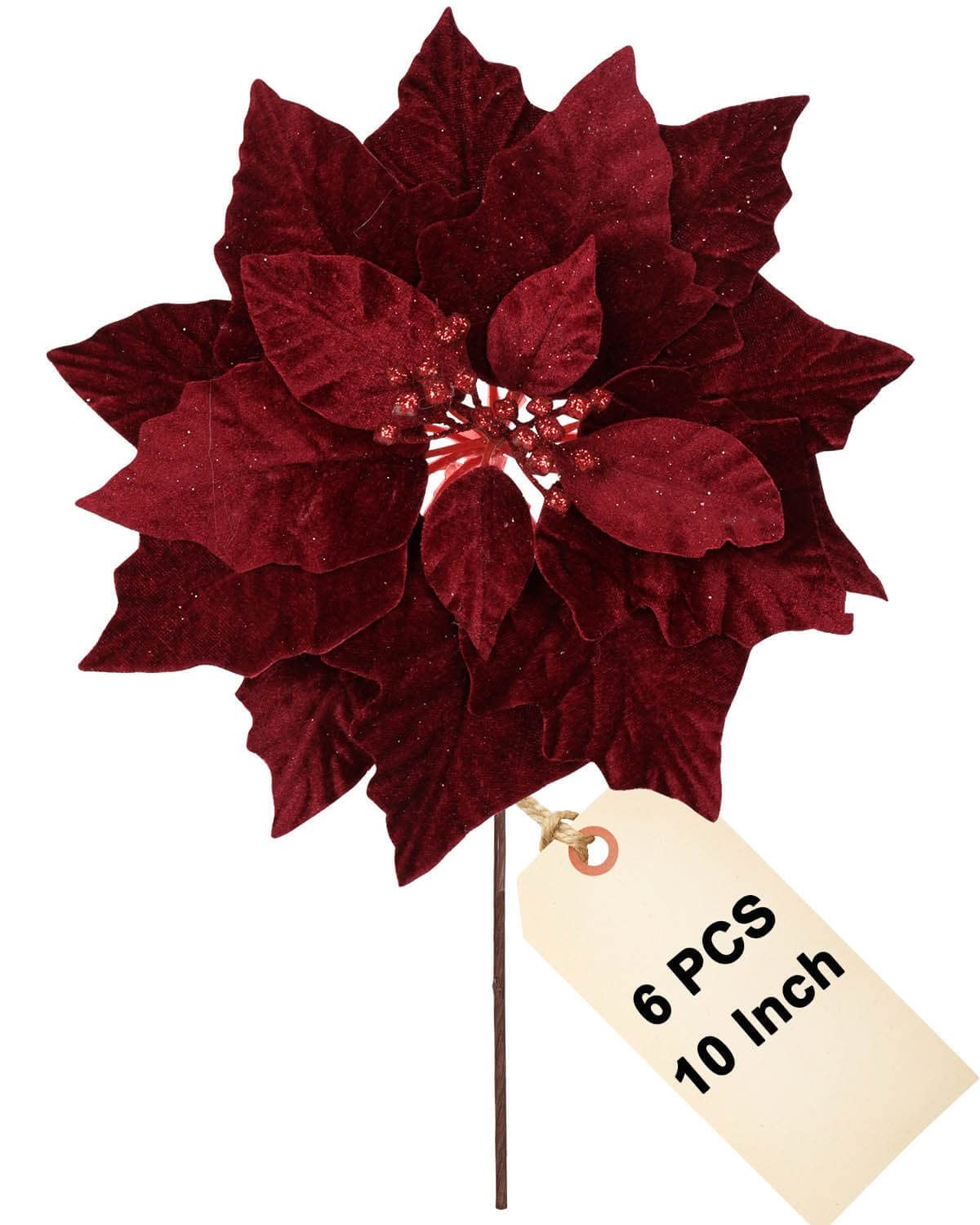 6 Pcs Red Christmas Poinsettia Flowers for Tree 10 Inch Deep Red Floral