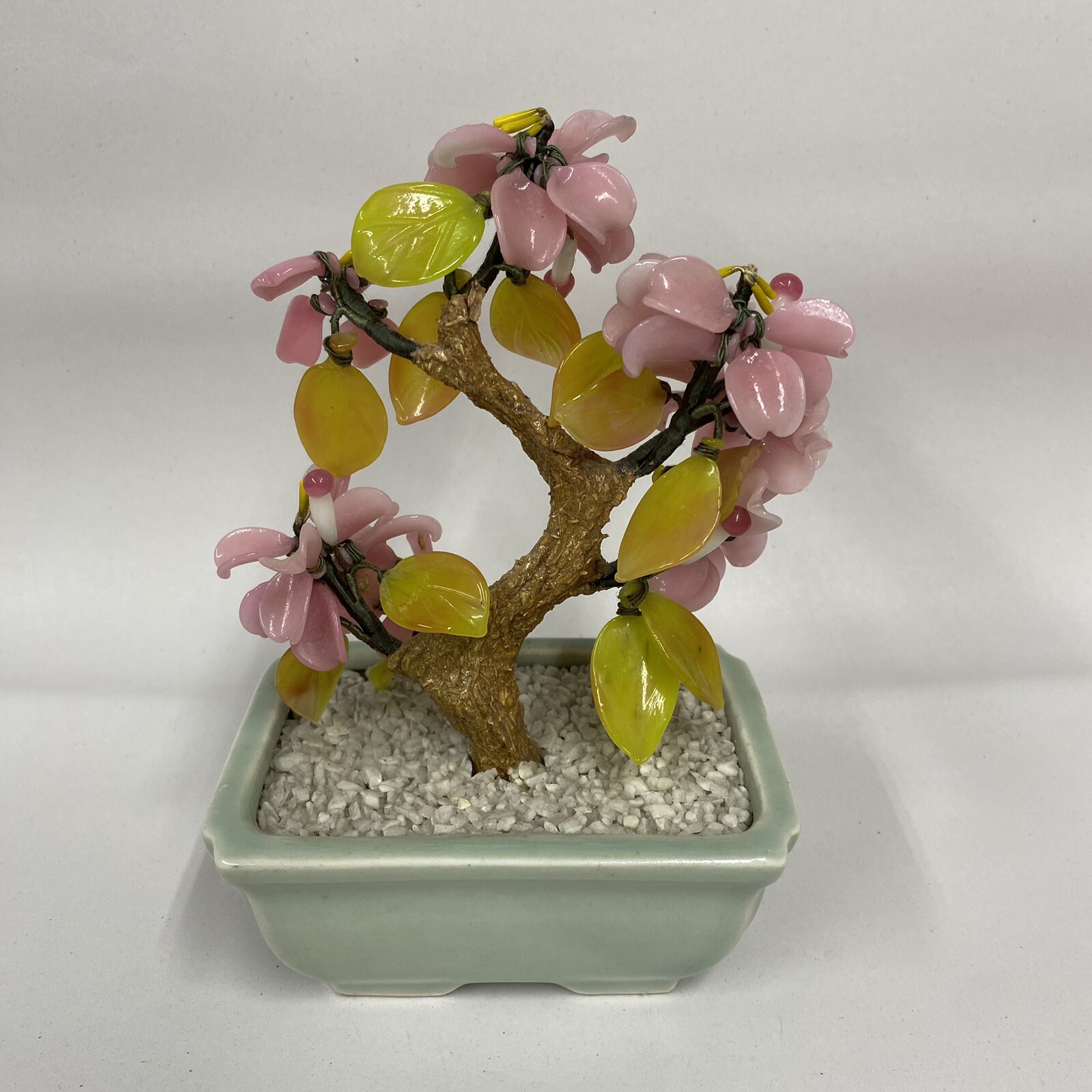 Glass Bonsai Tree Pink Flowers Artificial Plant Oriental Home Decor Vtg
