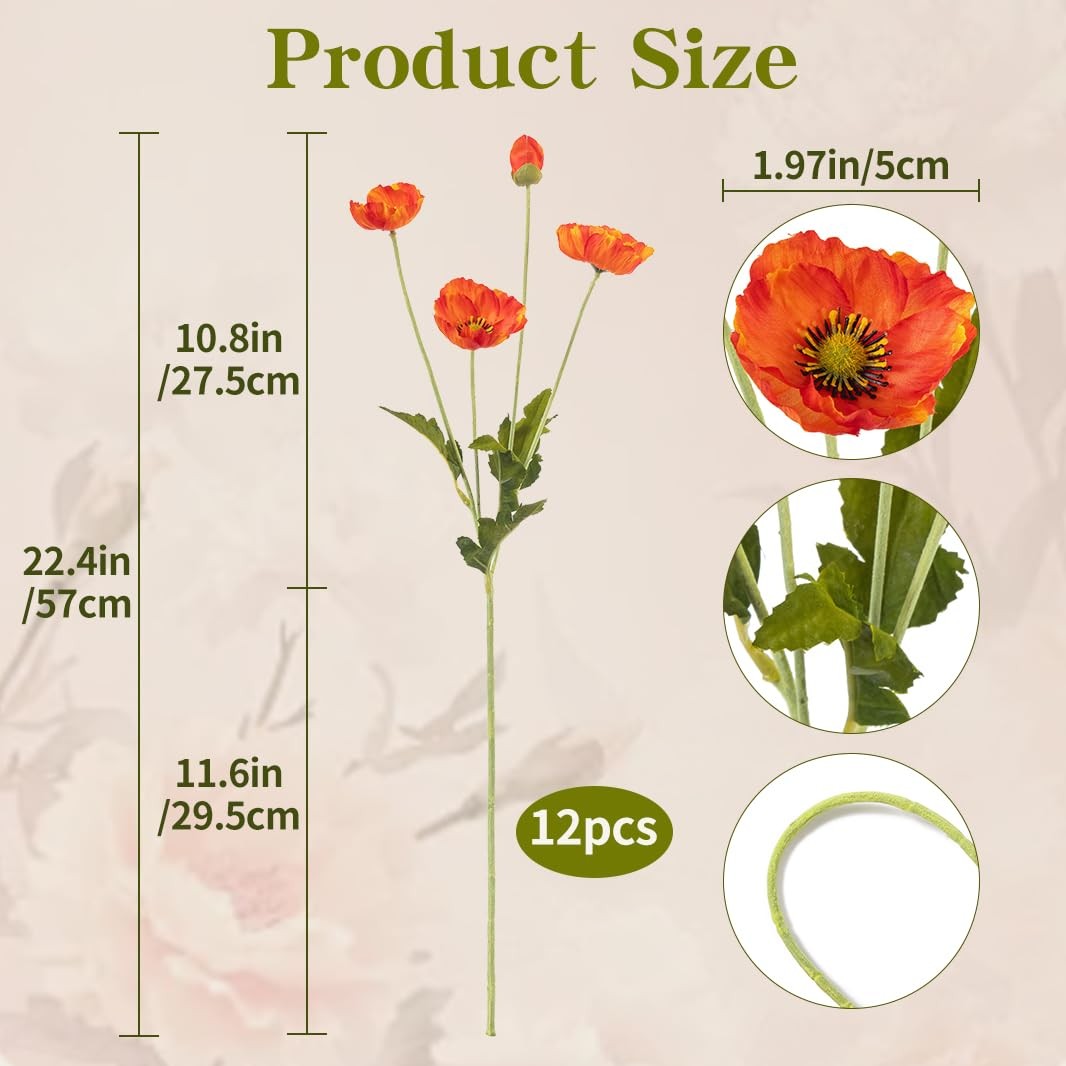 12 PCS Premium Orange red Poppy Artificial Flowers,22.4’’Fake Faux Silk Poppi…