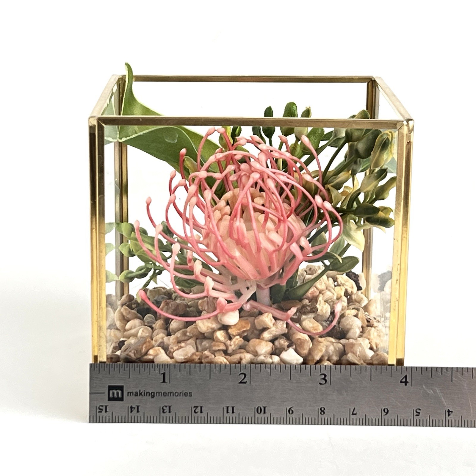 Geometric Square Terrarium Tabletop Planter Artificial Succulents 4” Brass