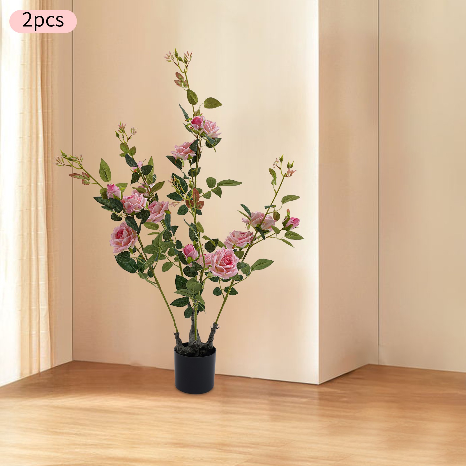 2pcs Artificial Rose Trees Fake Flowers Tree, Pink Artificial Flower Plant Decor