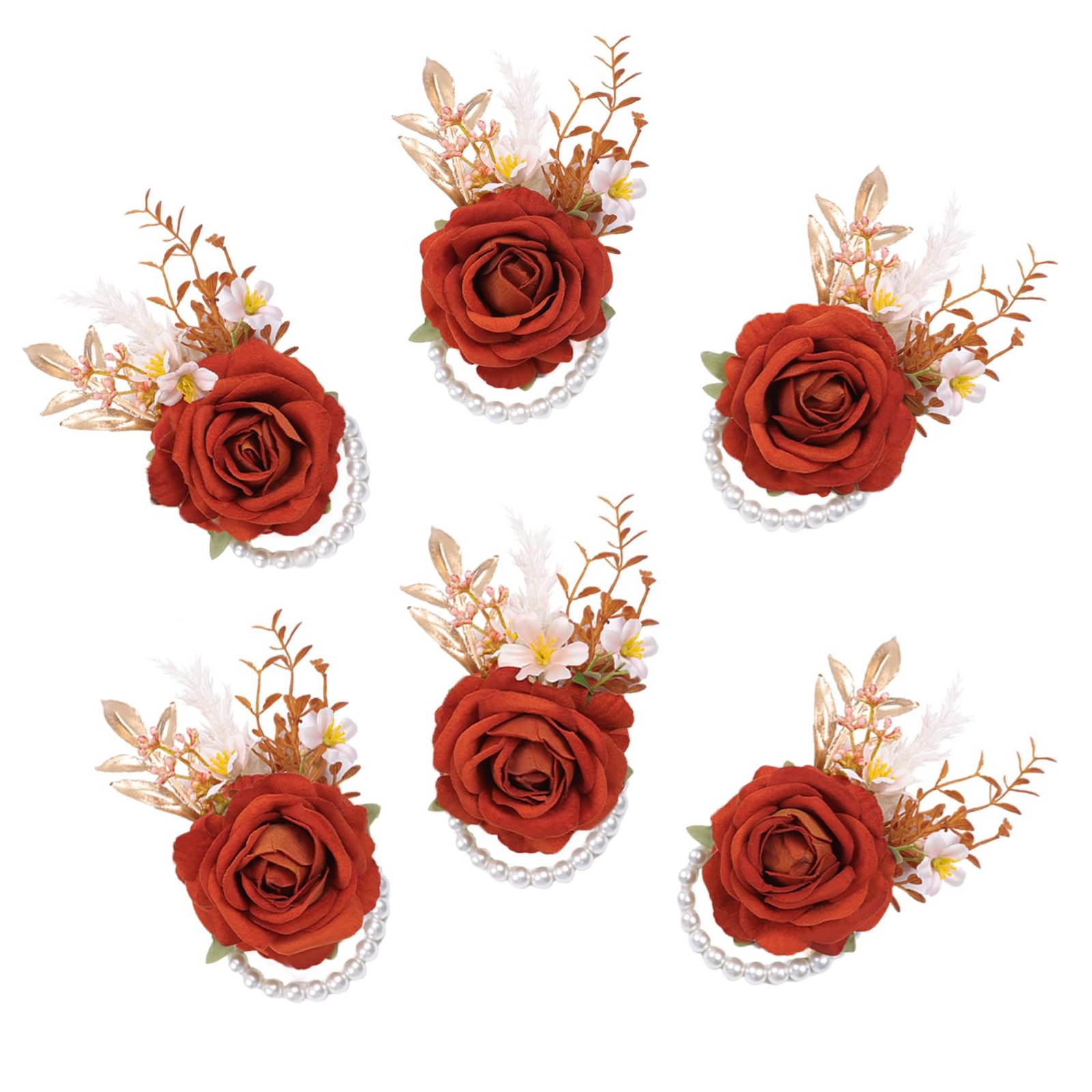 6 PCS Orange Velvet Rose Wrist Corsage Wedding Bridal Flower Prom Party