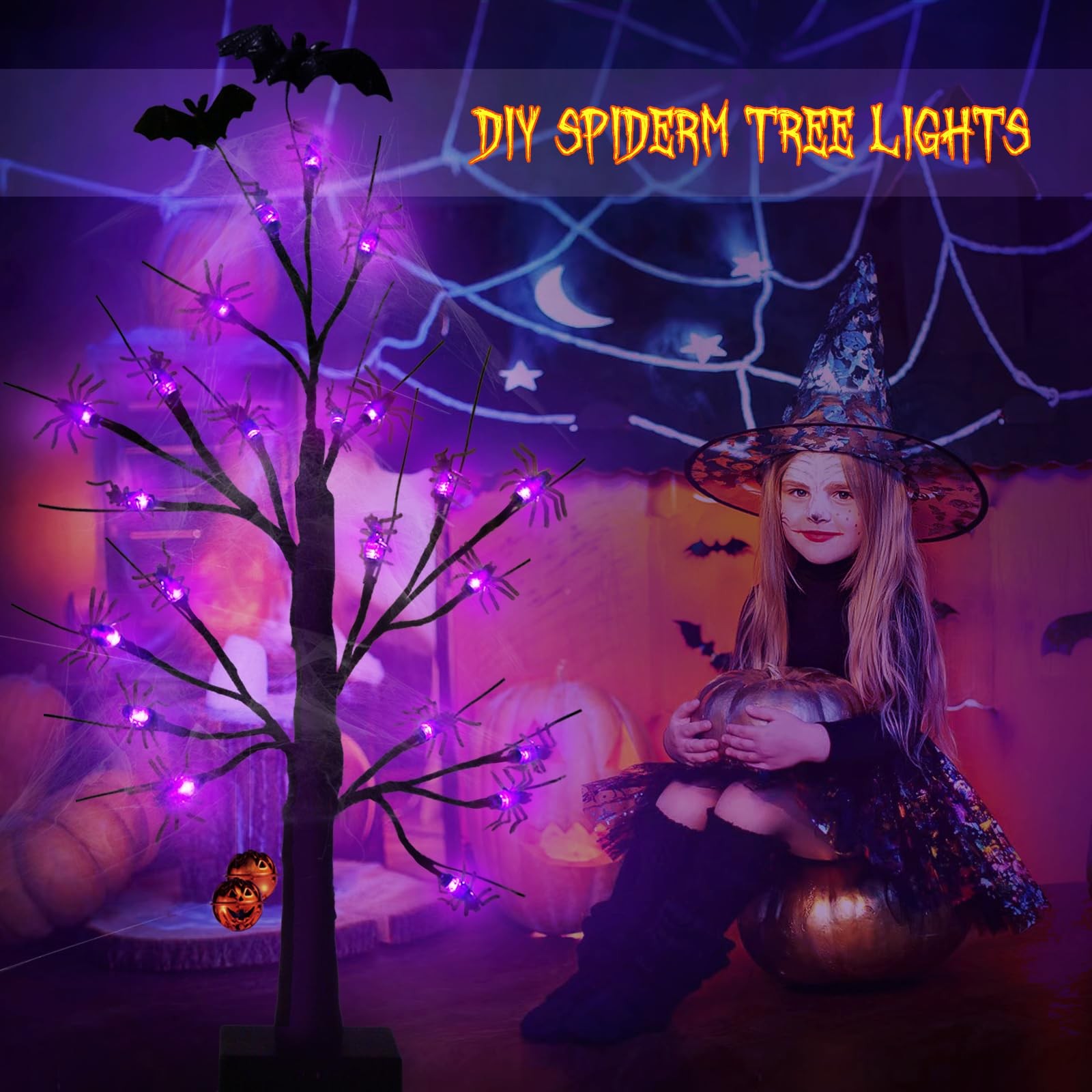 Halloween Decorations Indoor Spider Lights Tree, 2Ft Black Spooky Tree with S…