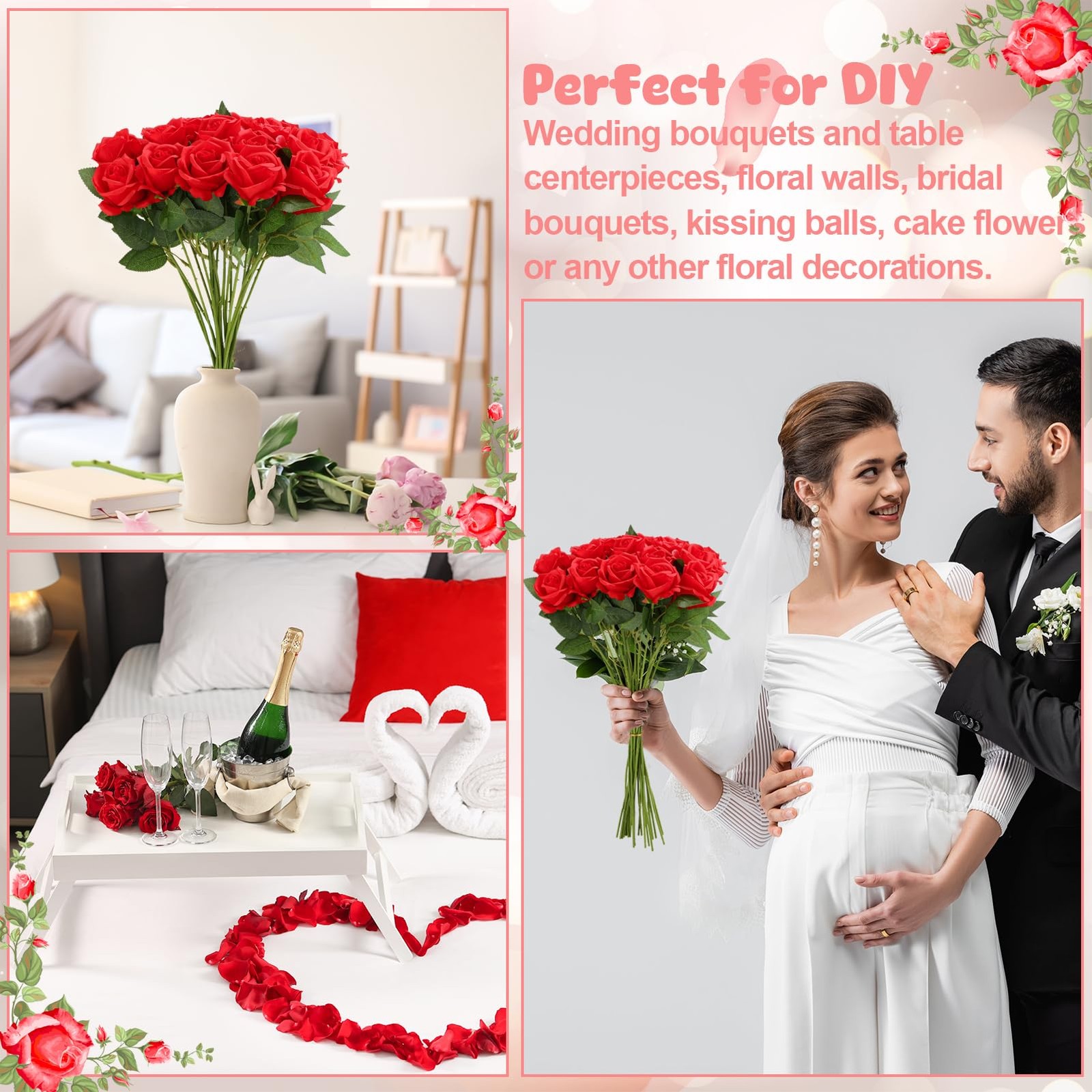 24 Pcs Red Rose Artificial Flowers with Long Stem Real Touch Silk Plastic Bou…