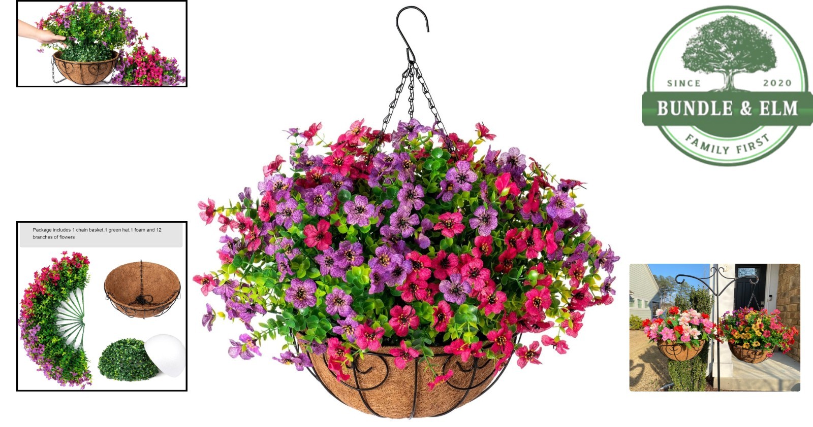 Faux Hanging Flower Basket with Colorful Daisy and Eucalyptus for Outdoor Decor